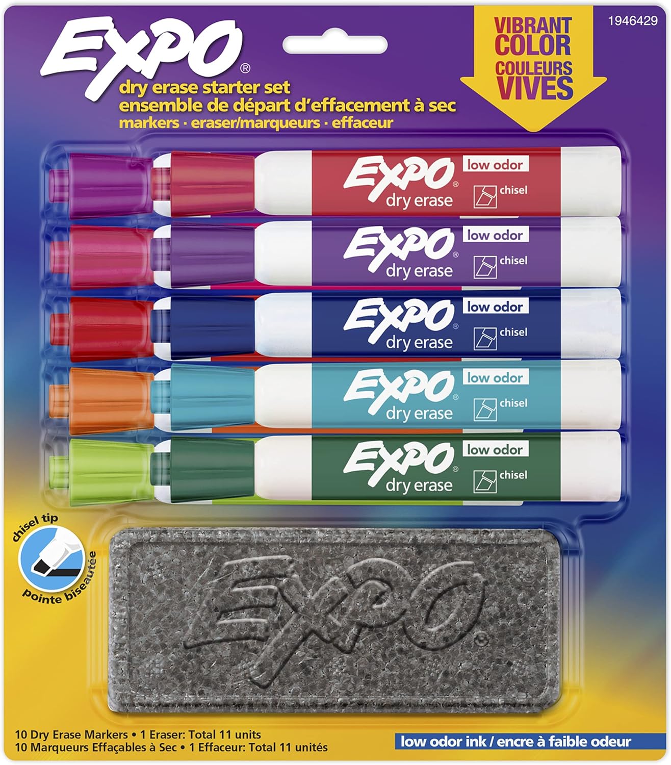 EXPO Low Odor Dry Erase Marker Starter Set with White Board Eraser, Chisel Tip Dry Erase Markers, Assorted Colors, 11-Piece Set