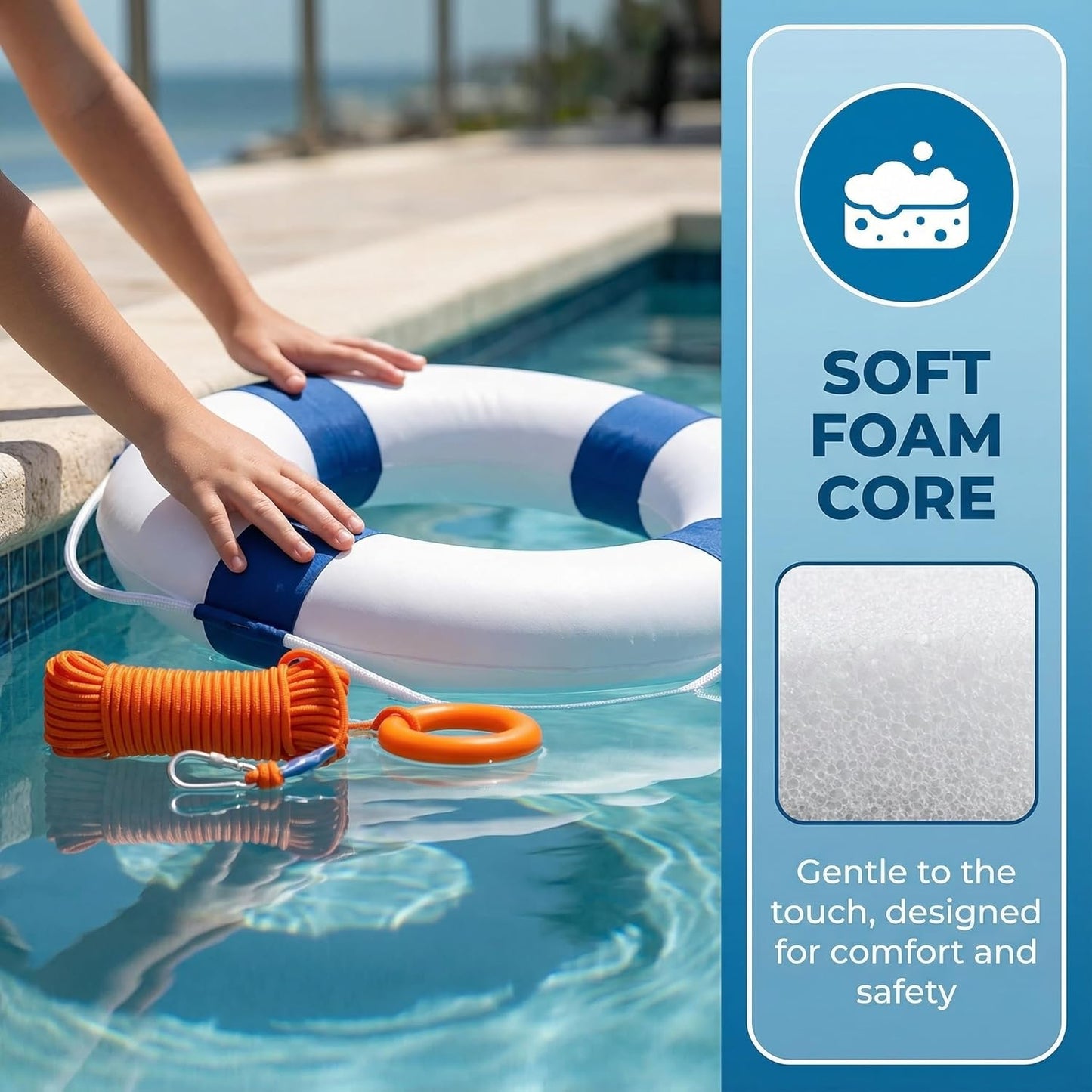 20 Inch / 50cm Pool Safety Life Preserver Throw Ring Buoy- Swim Foam Rings for Swimming Pool Wall Decoration with 98.4FT Water Floating Lifesaving Rope