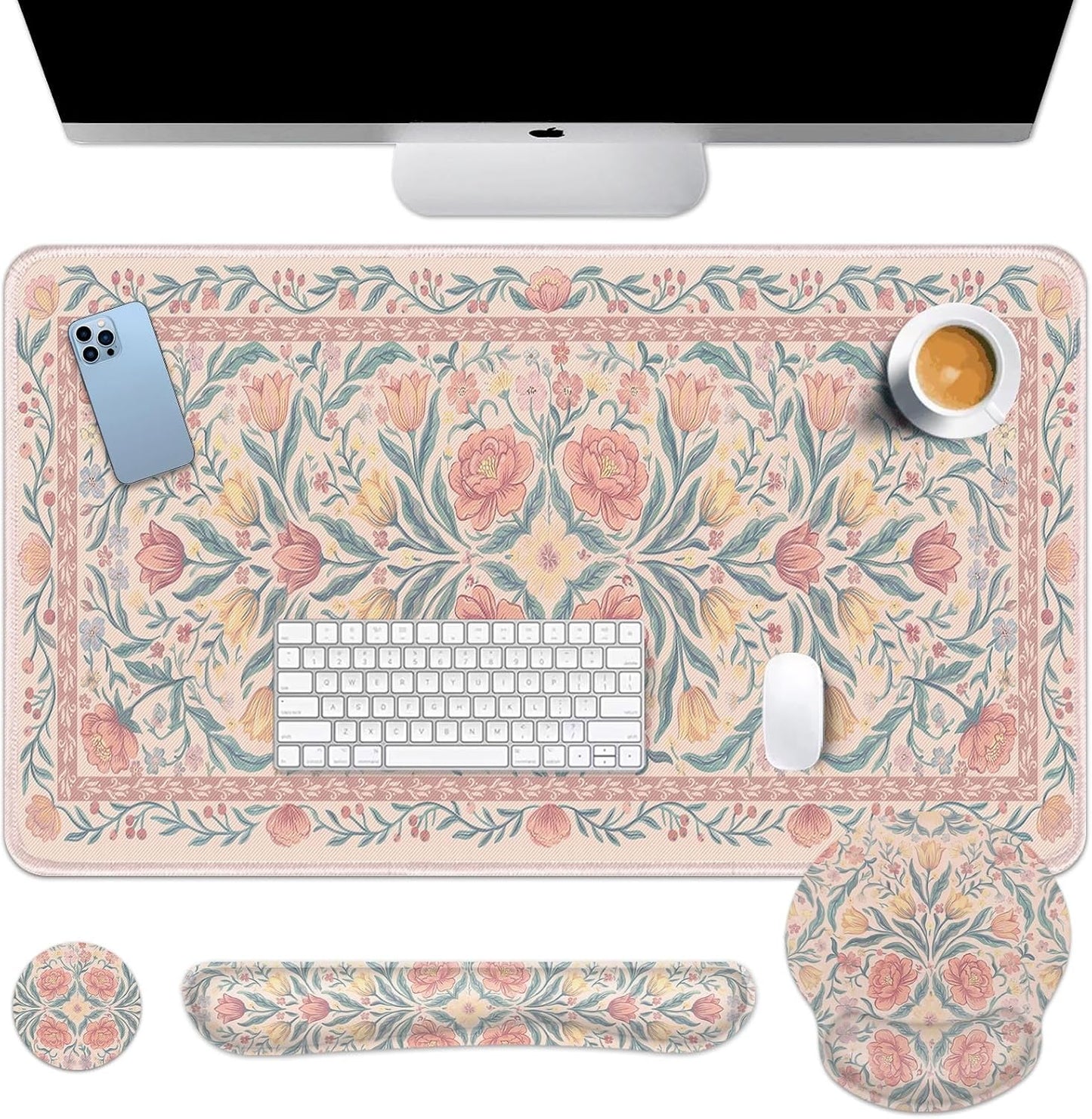 Britimes Pink Floral Keyboard Mouse Pad Set Retro 4in1 Large Mousepad+Keyboard Wrist Rest+Mouse Wrist Rest+Coaster Ergonomic Design for Home Office Computer 35.4x15.7 inches
