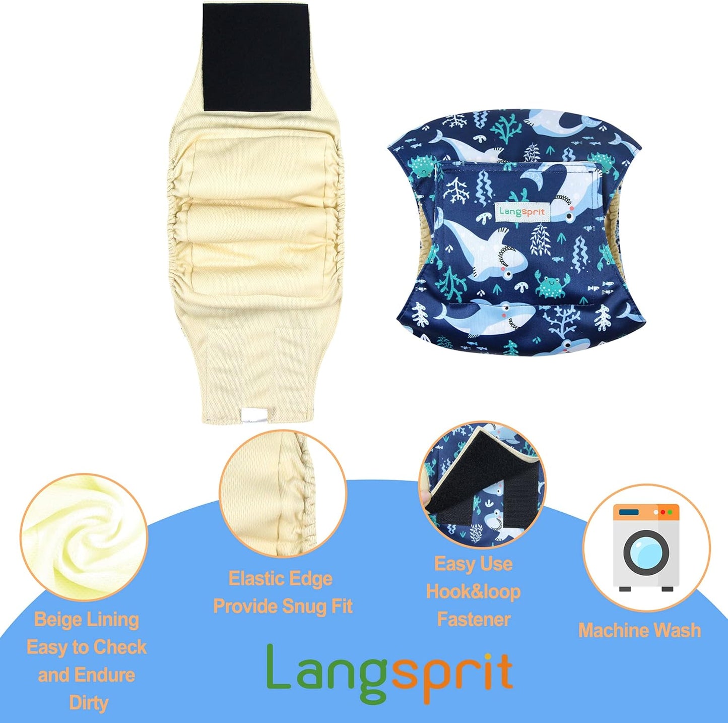 Langsprit Male Belly Bands for Dogs (Pack of 3) - Dog Diapers Male - High Absorbing Dog Wraps Washable - Reusable Small Doggy Doggie Puppy Dog Diapers (Sloth,Whale,Dinosaur, Small)