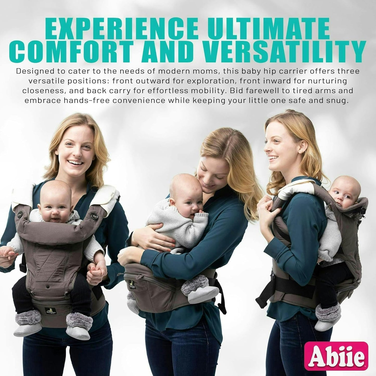 Abiie HUGGS Baby Carrier 3-Months to Toddler with Hip Carrier - Convertible 4-in-1: Front Facing, Inward Facing, Hip Seat, Back Carry - Ergonomic Lumbar Support, Neck Support, Safety Approved