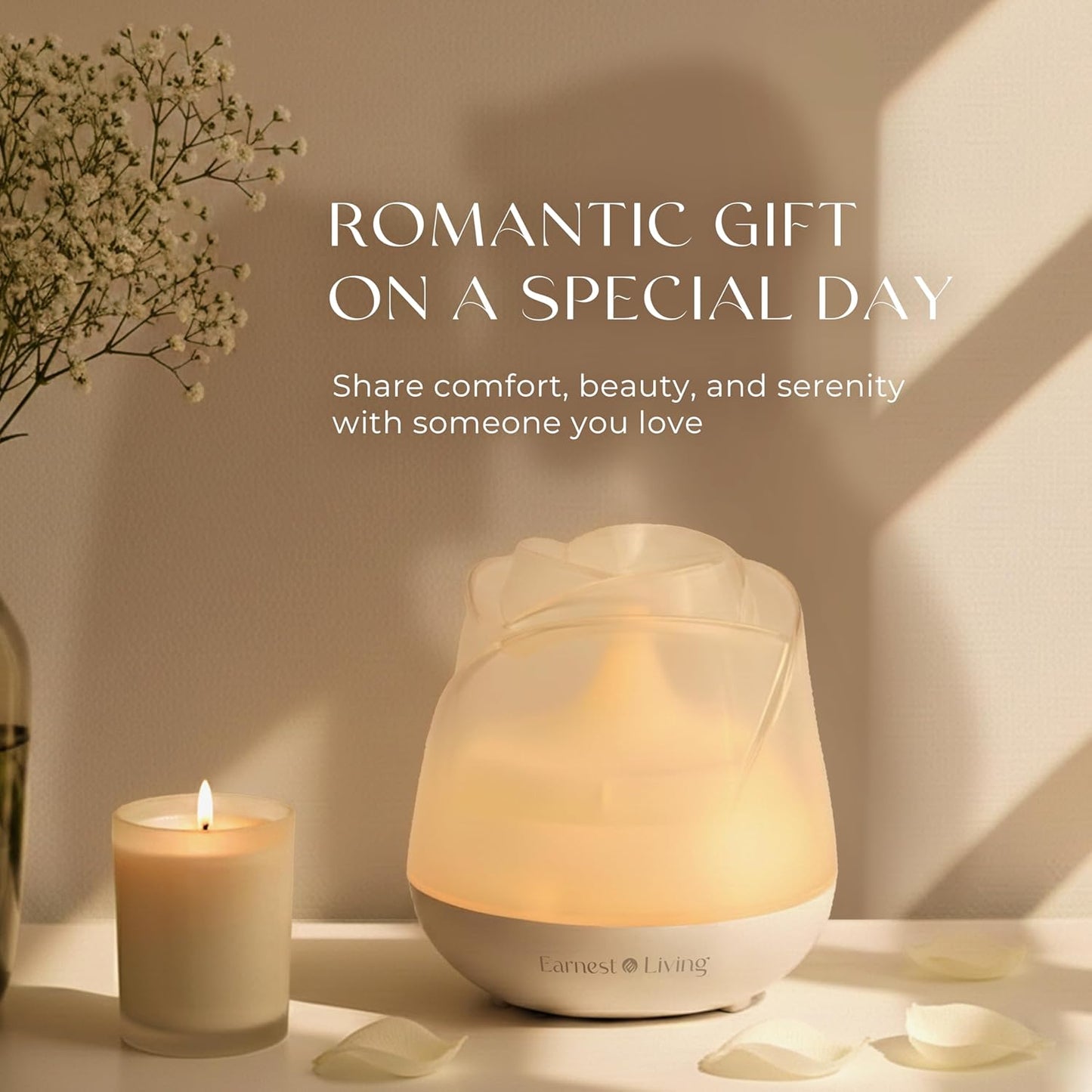 Earnest Living Rose Essential Oil Diffuser 150ml – Mini Ultrasonic Aromatherapy Humidifier for Bedroom & Desk, Quiet Mist, USB Powered, 7-Color Night Light, Valentine's Gift for Women – Solid White