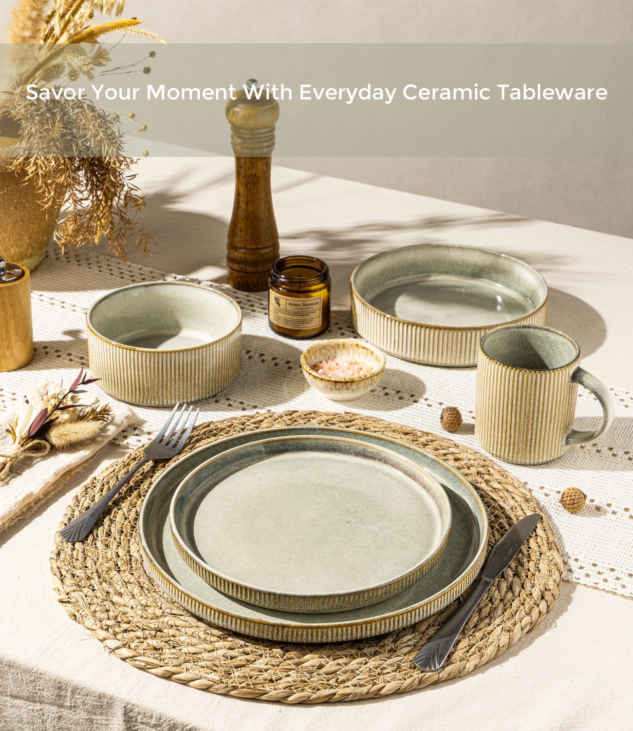 GBHOME 12-Piece Stoneware Dinnerware Set for 4 – Ribbed Ceramic Plates and Bowls, Scratch-Resistant, Microwave & Dishwasher Safe, Reactive Glaze, Desert Sage