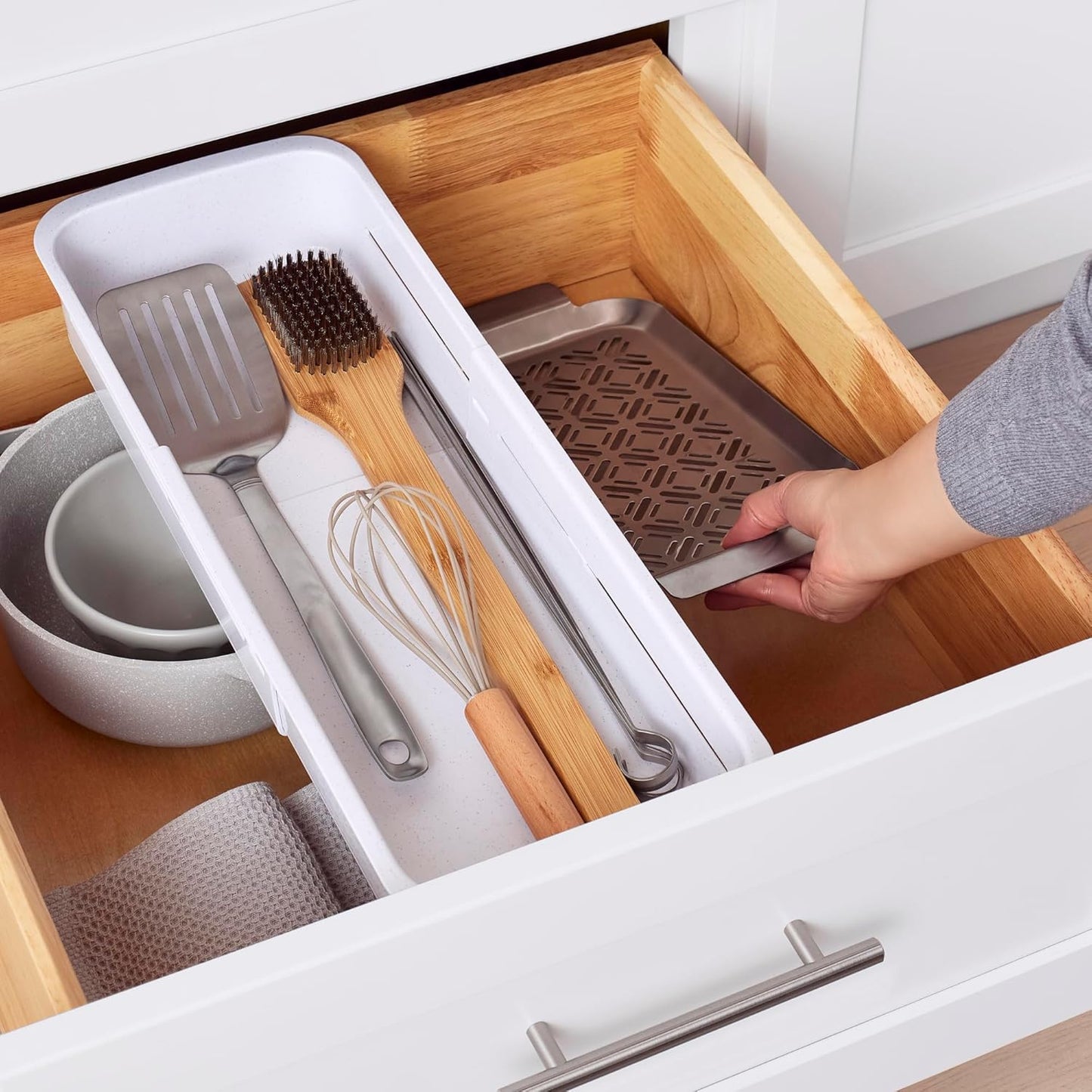 YouCopia DrawerFit® Sliding Drawer Bin, Expandable and Adjustable Kitchen Storage Organizer, Speckled White