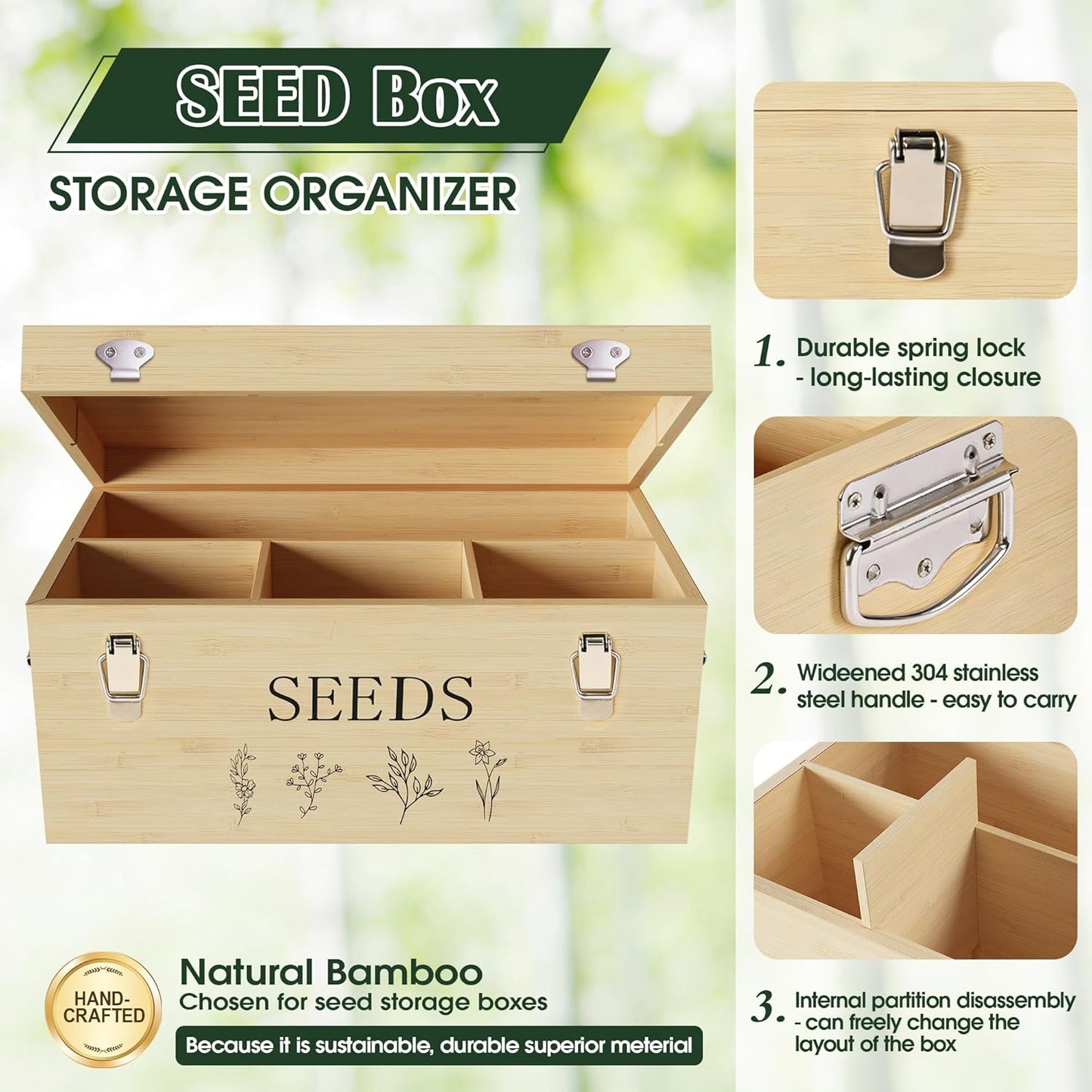 Bamboo Seed Storage Organizer, Large Garden Seed Organizer with Lid & Safety Lock & Handles, Seed Box Storage Organizer Includes Seed Envelopes and Labels etc, Great Gifts Gardening Kit (Wood)