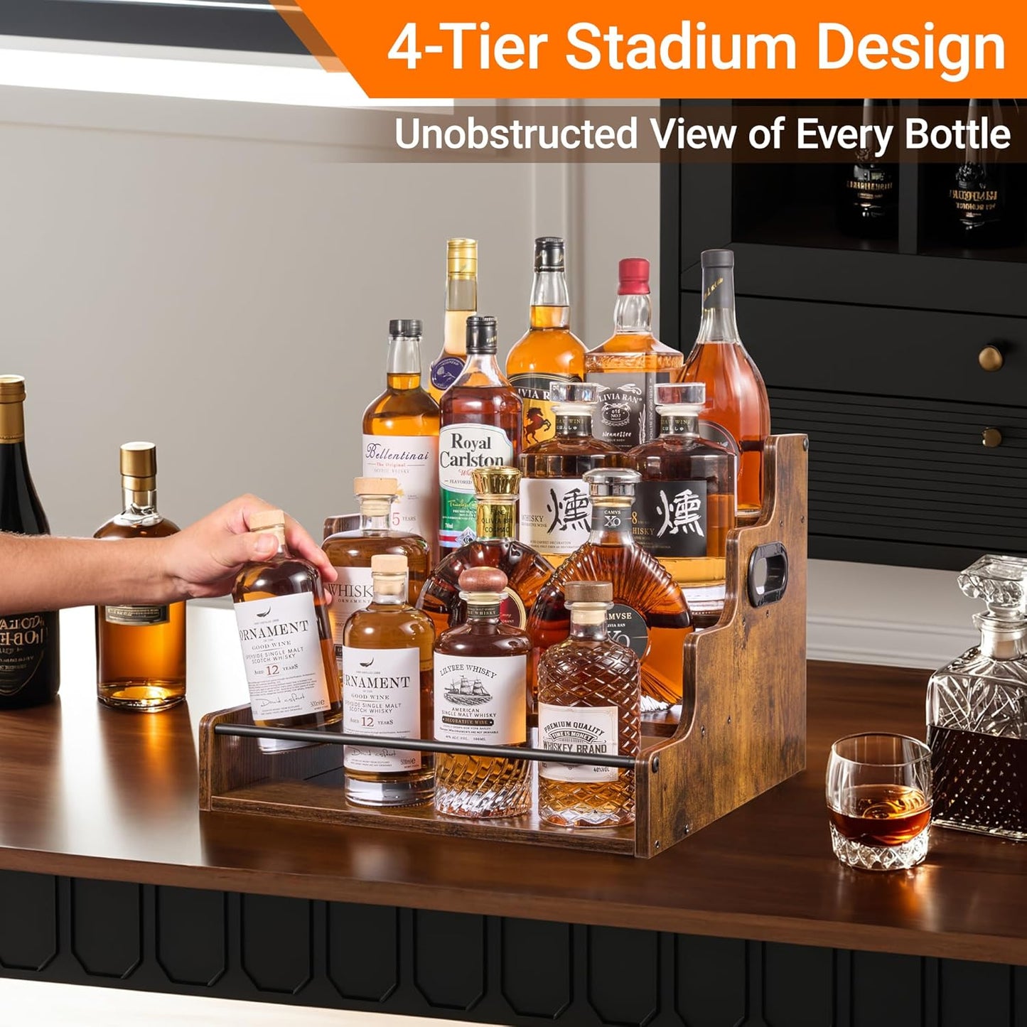 4-Tier Tiered Liquor Bottle Display Shelf - 16-Inch Rustic Wood Liquor Rack & Coffee Syrup Organizer - Heavy-Duty Countertop Spice Rack with Guardrails & Handles for Bar, Kitchen, Office