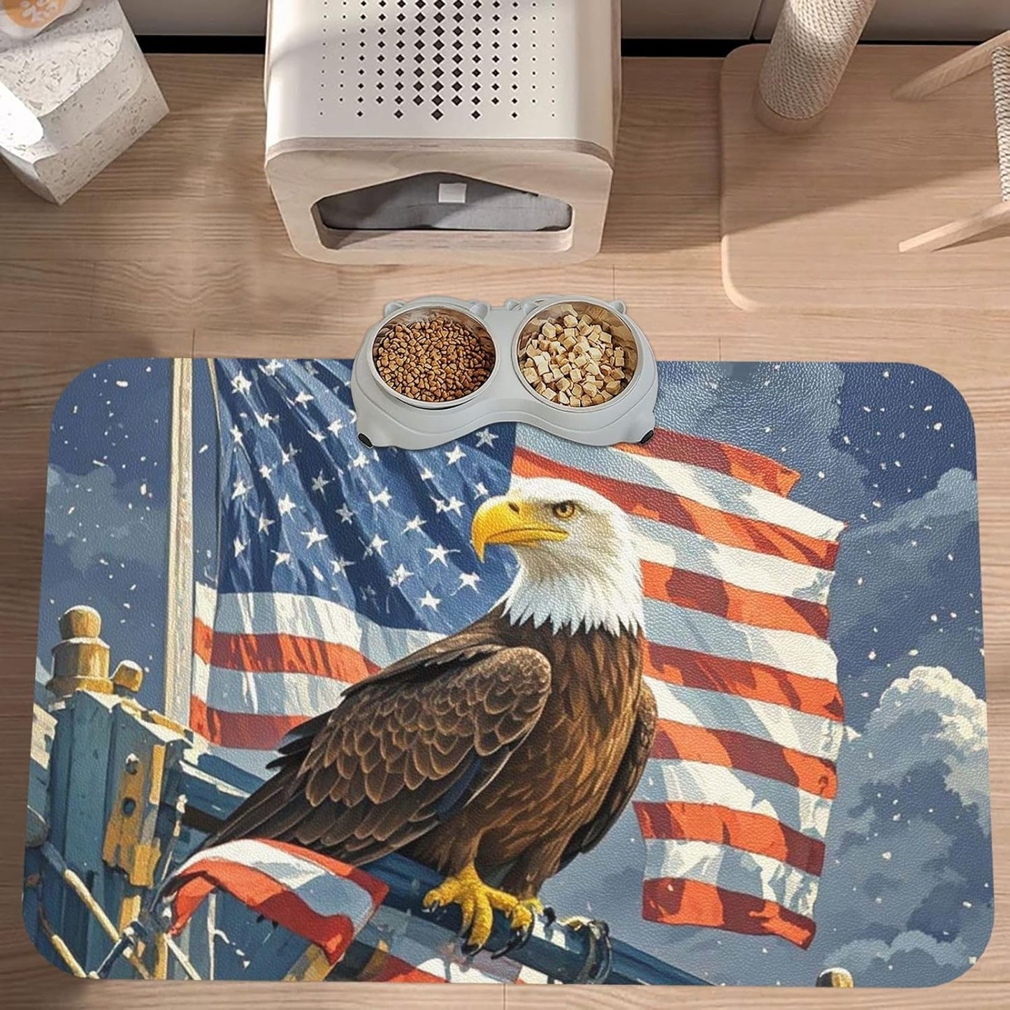 Pet Feeding Mat Leather Dog Food Mat Waterproof Pet Tablecloth America Flag and Eagle Pet Placemat for Dogs Absorbent Dog Bowl Mat Anti-Slip Dogs Mats for Food and Water