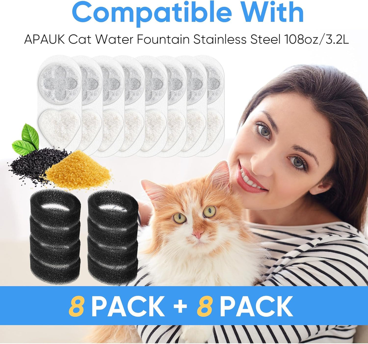 Cat Water Filter Replacement Compatible with APAUK 108oz/3.2L Cat Fountain, Triple Filtration Carbon Filters for Pet Fountain, Includes 8 Filters and 8 Sponges