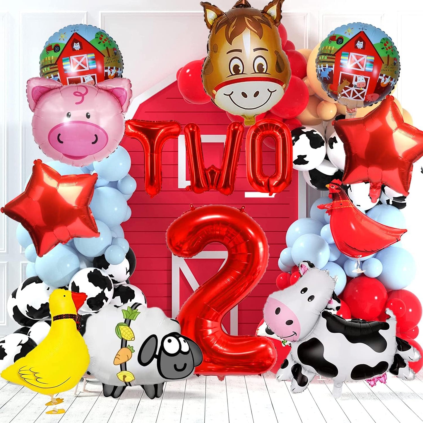 14 PCS Farm Animal Balloons Cow Sheep Duck Rooster Pig Donkey Balloons Barnyard Balloon Supplies with Large Number 2 Foil Balloon for Farm Animal Theme 2nd Birthday Party Decor Supplies