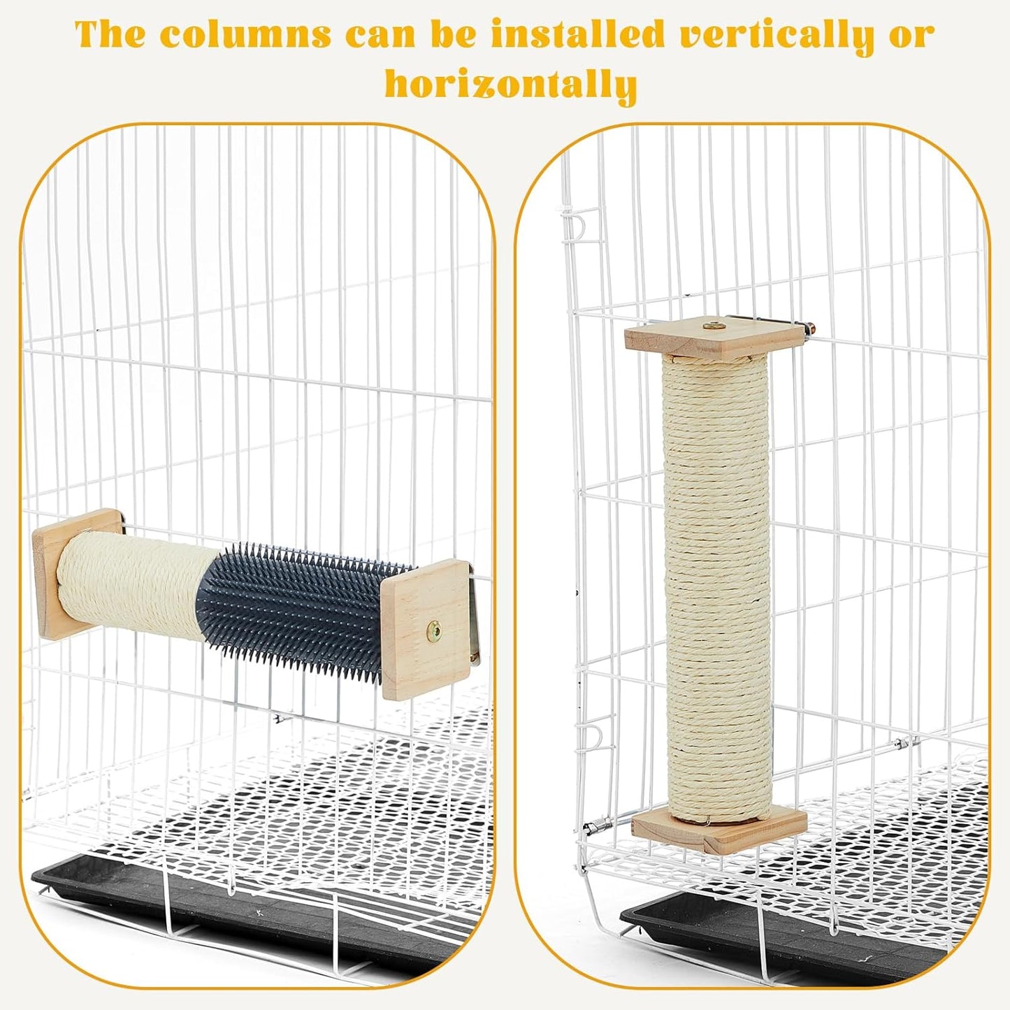 Aliceset 3 Pack Cat Scratching Post for Crate Cage 13 Inch Wooden Sisal Cage Mounted Scratching Post with Self Groomer and Massager for Grinding Claws and Climbing