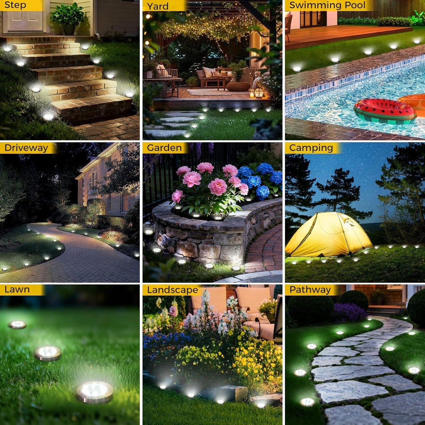 6 Pack Solar Ground Lights Outdoor, 8 LED Mini Flat Solar Disc Lights, IP65 Waterproof Pathway Lights Solar Powered, Landscape Lighting for Garden Walkway Driveway Yard Lawn,Cool White