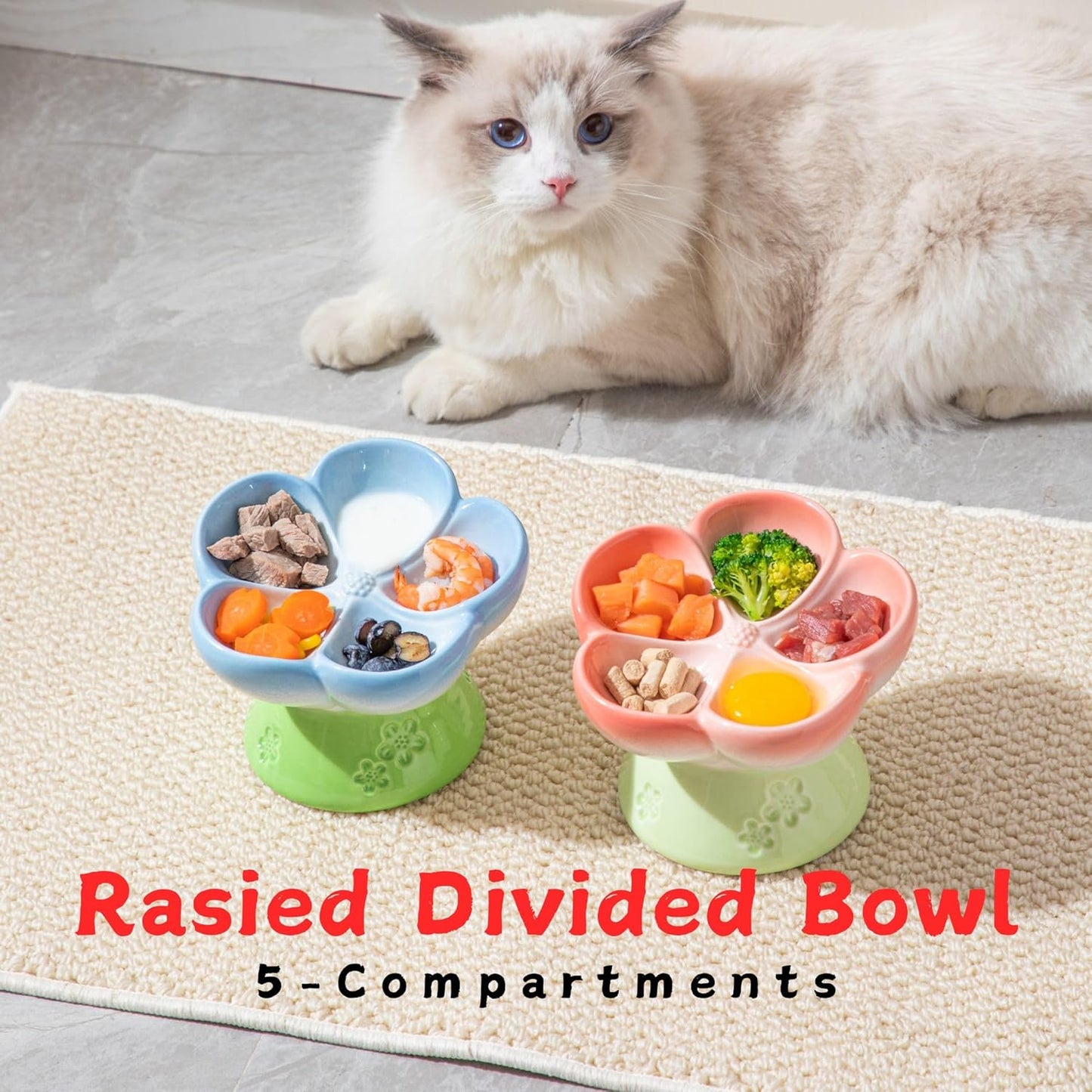 Ceramic Cat Divided Bowl Flower Shaped (5 Sections) - 4 Inch Elevated Design Cute Slow Feeder Bowl, Heavy Base, Under-Glazed Gradient Color - Separates Dry/Wet Food, Veggies, Fruits & Treats