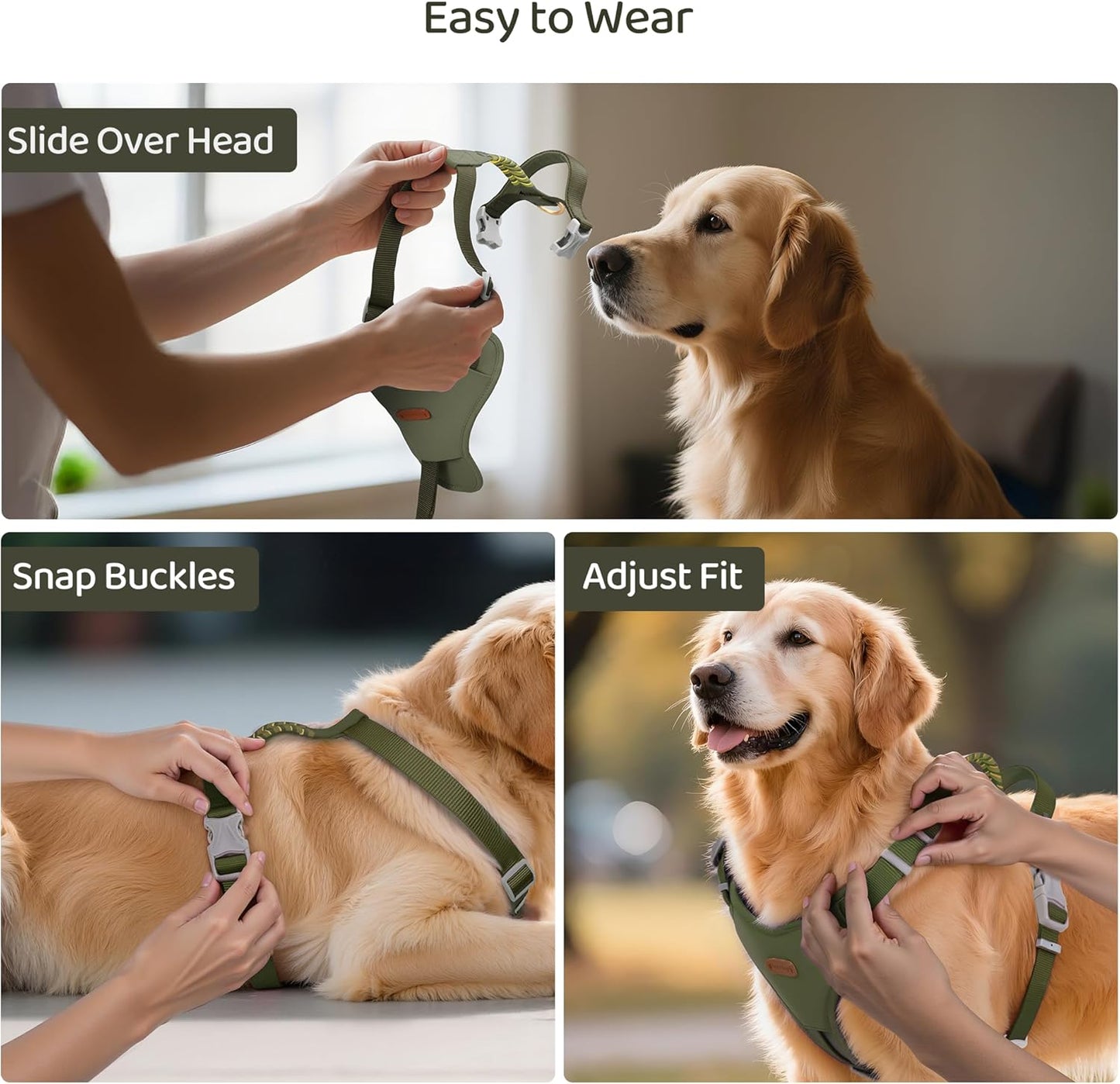 Xlife Dog Harness for Large Dogs - No-Pull Adjustable Vest Harness with 3D Air Cushion, Safety Buckle & No-Chock D Ring, Easy to Put On - Comfortable & Breathable for Easy Walking (Green L)