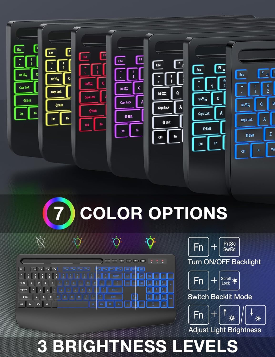 Wireless Keyboard and Mouse Combo - 9 Backlit Effects, RGB, Ergo Wrist Rest, Phone Holder, 2.4G Full Size, Rechargeable, Sleep Mode, KM22 MAX Quiet Set for Computer, PC, Laptop, Mac, Windows- SABLUTE