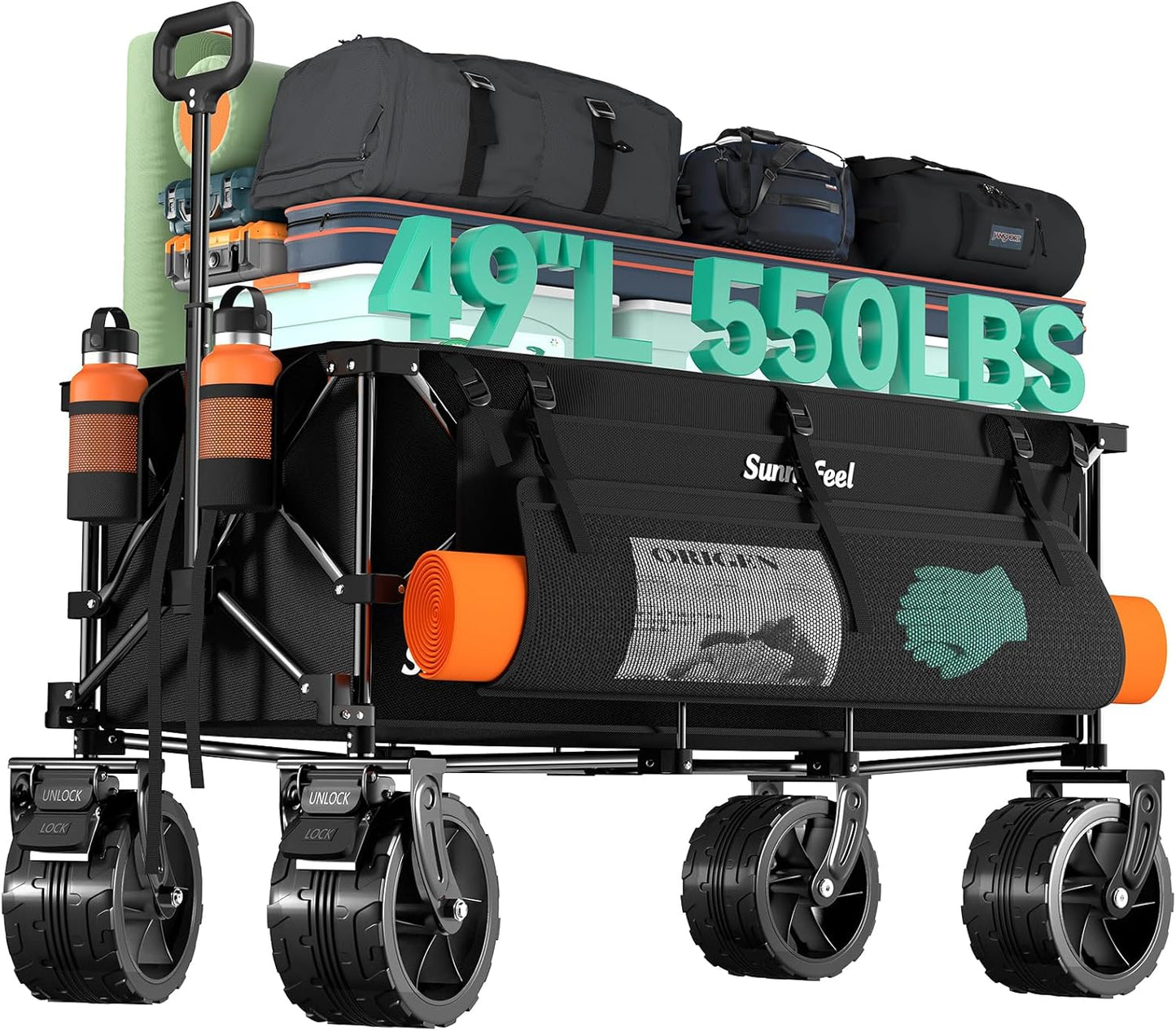 SUNNYFEEL 49" L Foldable Wagon Cart with Big Wheels - 550lbs Heavy Duty Extra Long Collapsible Shopping Cart - Utility Grocery Wagon for Garden Sports Camping Outdoor Activities (Black)