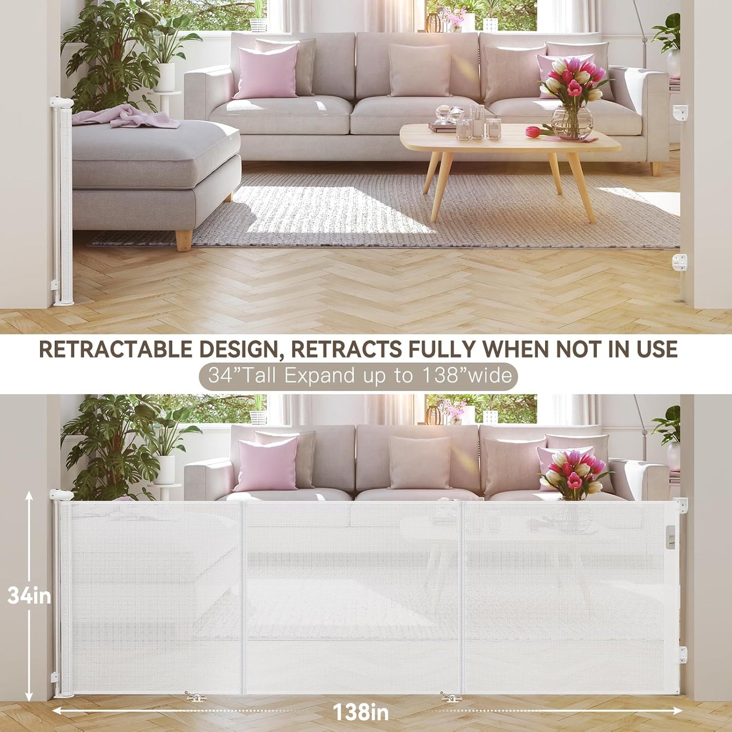 138 Inch Reinforced Retractable Baby Gates Extra Wide, Uamector Mesh Baby Gate or Dog Gate,Toddler Pet Retractable Gate Adjustable Length for Large Openings Stairs Doorways Hallway Indoor Outdoor