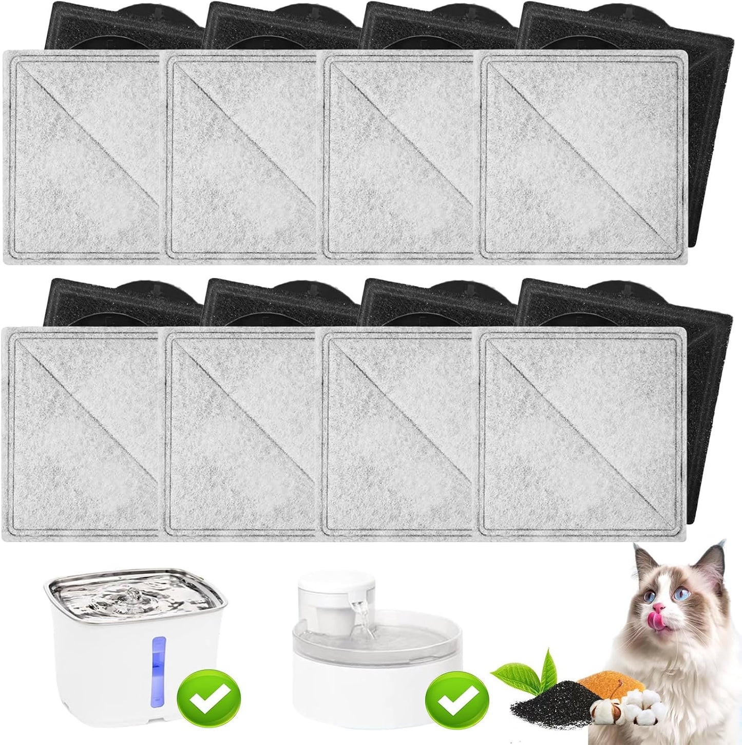 16 Pack Replacement Filters for Petsafe Premier, Ion-X, Outlast Pumpless & Viva Pet Water Fountain, Includes 16 Filters, Carbon Filters for Cat and Dog Indoor
