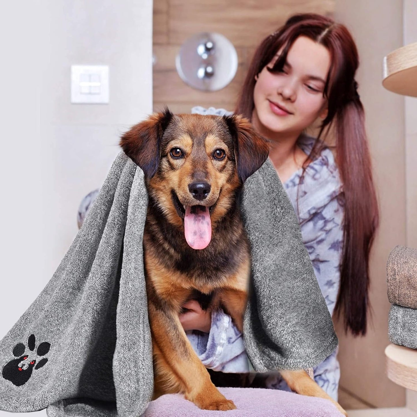 Dog Towel - Pack of 2 - Super Absorbent Soft Microfiber Pet Bath Grooming Towels for Drying Dogs and Other Pets (M-36" * 28", Grey and Brown)