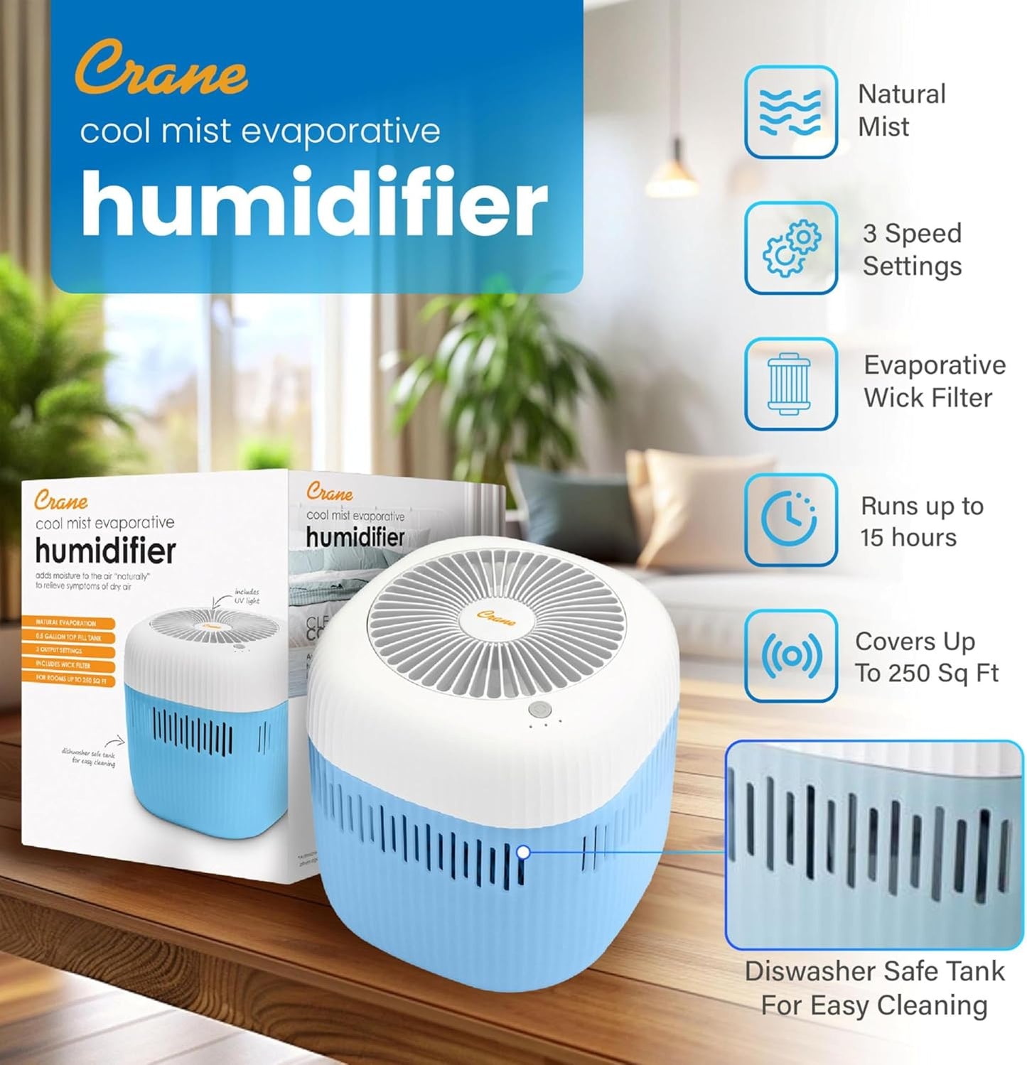 Crane Evaporative Humidifier With Wick Filter, Dishwasher Safe Tank, UV Light, Invisible Mist Evaporative Humidifiers for Bedroom, Nursery, Office, Easy Clean Humidifier 3.8L Tank, Up To 250 SQ FT