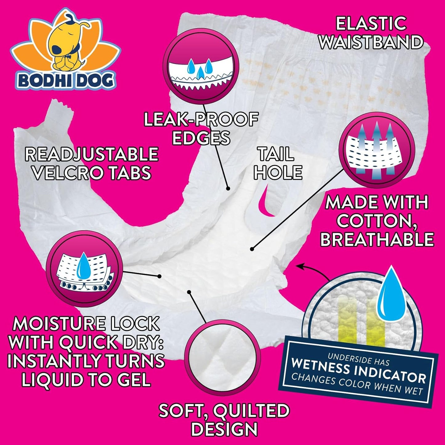Bodhi Dog Disposable Female Dog Diapers - Super Absorbent Dog Diapers for Female Heat Cycle - Adjustable Fit Pee Wraps for Potty Training, Moisture Control & Wetness Indicator - Extra Small (20 Count)