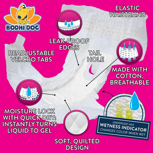 Bodhi Dog Disposable Female Dog Diapers - Super Absorbent Dog Diapers for Female Heat Cycle - Adjustable Fit Pee Wraps for Potty Training, Moisture Control & Wetness Indicator - Extra Small (20 Count)