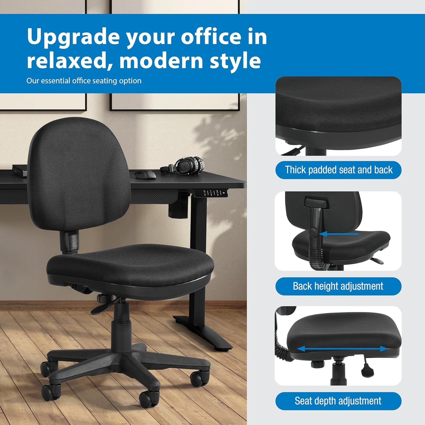 Office Star Pneumatic Sculptured Office Task Chair with Thick Padded Seat and Built-in Lumbar Support, Black