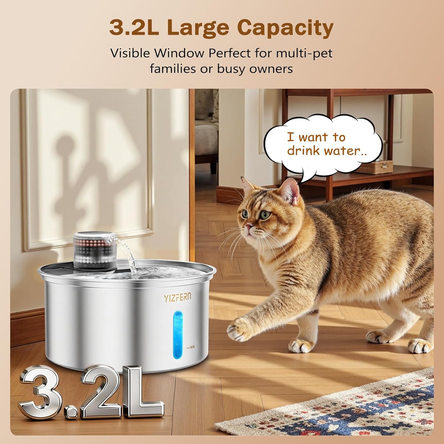 Cat Water Fountain Stainless Steel 108oz/3.2L Upgrade Dual-Filtration Pet Water Fountain for Cats Indoor, Ultra Quiet Dog Water Bowls Dispenser for Drinking, Automatic Cat Watering Supplies (White)