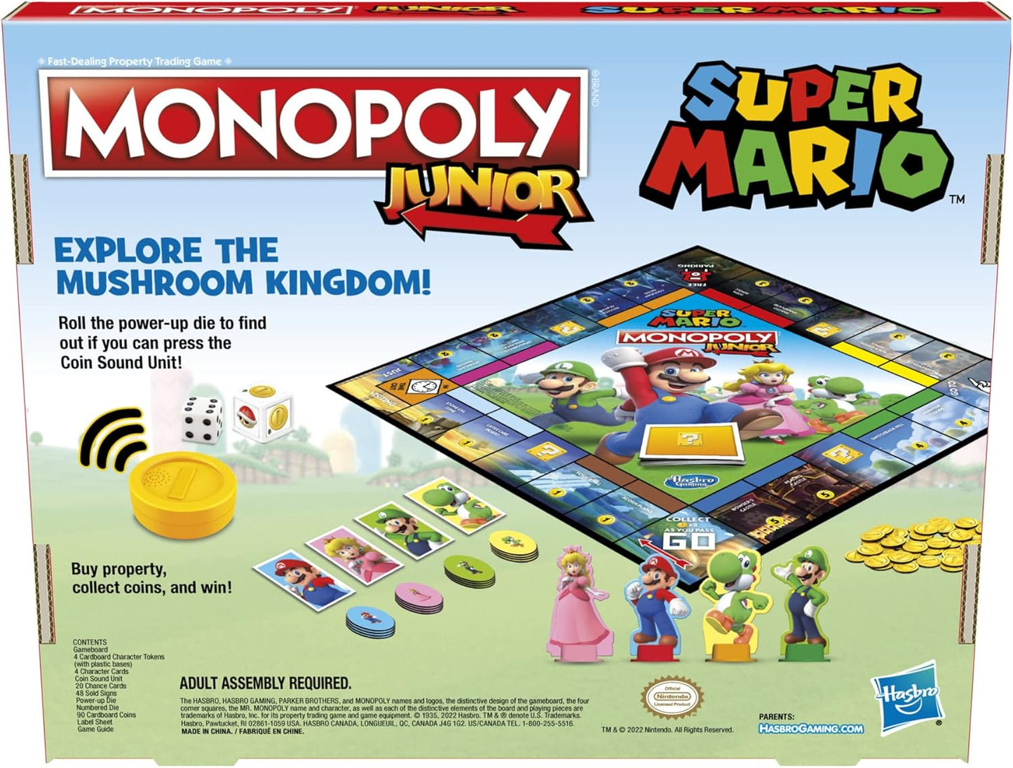 Monopoly Junior Super Mario Edition Board Game, Fun Kids' Ages 5 and Up, Explore The Mushroom Kingdom as Mario, Peach, Yoshi, or Luigi (Amazon Exclusive)