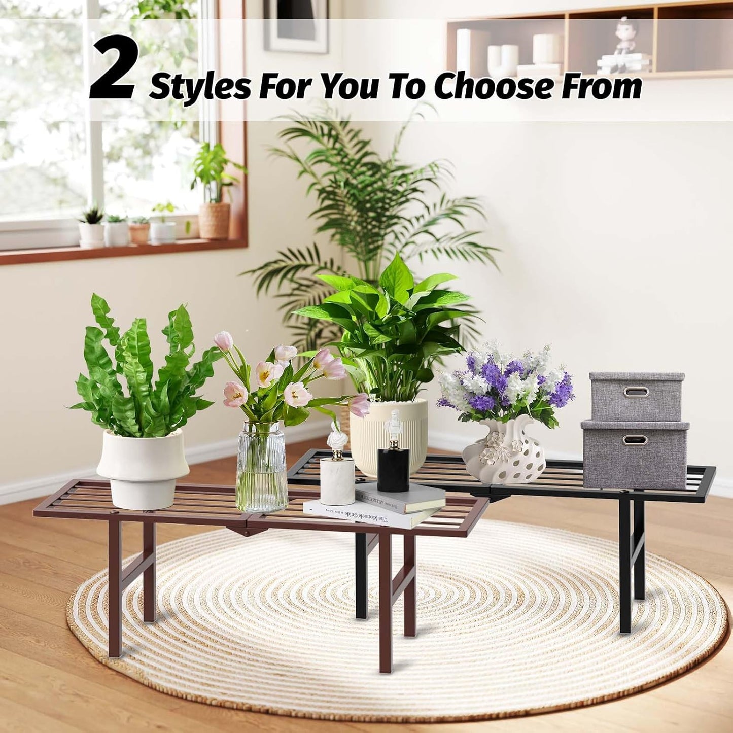 2 Pack 1 Tier Plant Stand Indoor Outdoor- Foldable Metal Plant Shelf, 8.7" Narrow Space-Saving Design for Multiple Plants, Modern Flower Pot Holder Display for Garden Patio Balcony, Black