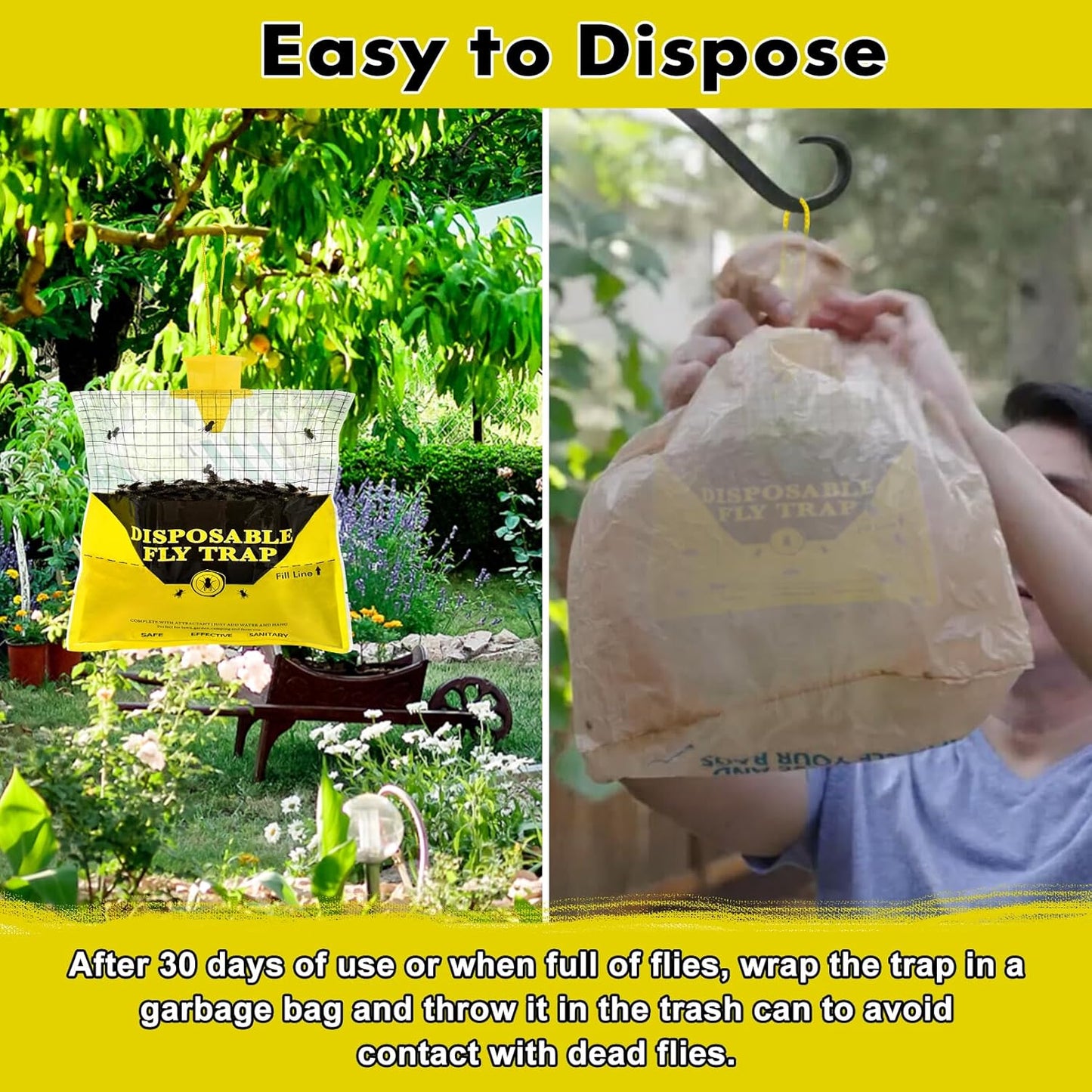 Glovv Fly Traps Outdoor Hanging with Bait, 6 Pack Disposable Flies Bags Hunter Ranch Trap, Control Bug Catcher Killer Repellent for Stable Horse Barn & Farm
