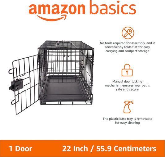 Amazon Basics Portable, Foldable Metal Wire Dog Crate with Removable Tray, Single Door, Divider Panel, Collapsible for Travel, 22 x 13 x 16 in, Black