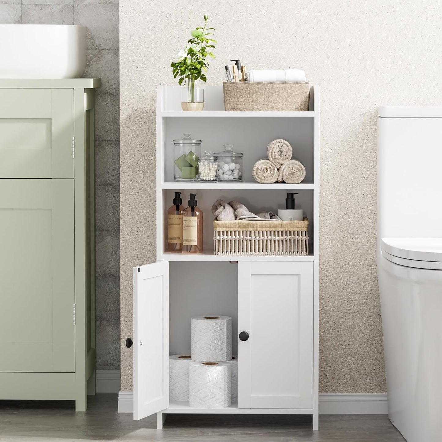 Homhedy Small Bathroom Storage Cabinet, Freestanding Toilet Paper Storage with 2 Doors and Shelves, Bathroom Organizers and Storage for Small Spaces, Laundry Room, 7.9" D x 14.6" W x 31" H, White