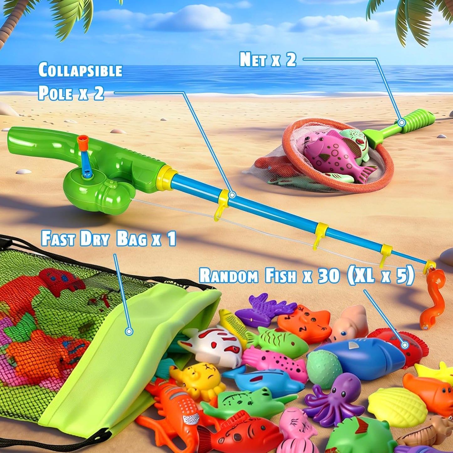 CozyBomB™ Magnetic Fishing Toys Game Set for Kids | Water Table Bathtub Kiddie Pool Party Pole Rod Net, Outdoor Plastic Floating Fish, Toddler Bath Color Ocean Sea Animals Easter Gift Age 3-5 6 4-8