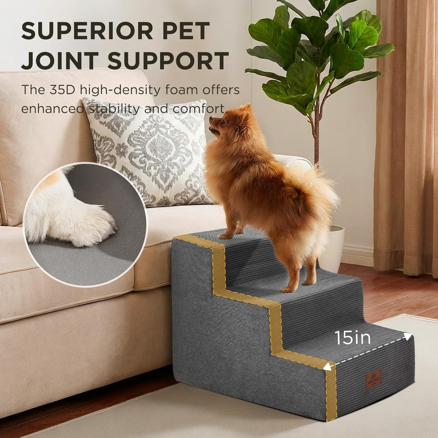Joydeco Dog Stairs for Bed 15" H, 3-Step Pet Steps for Small Dogs and Cats, Dog Steps for High Bed, Non-Slip Balanced Ramp Indoor Pet Stairs, Gray