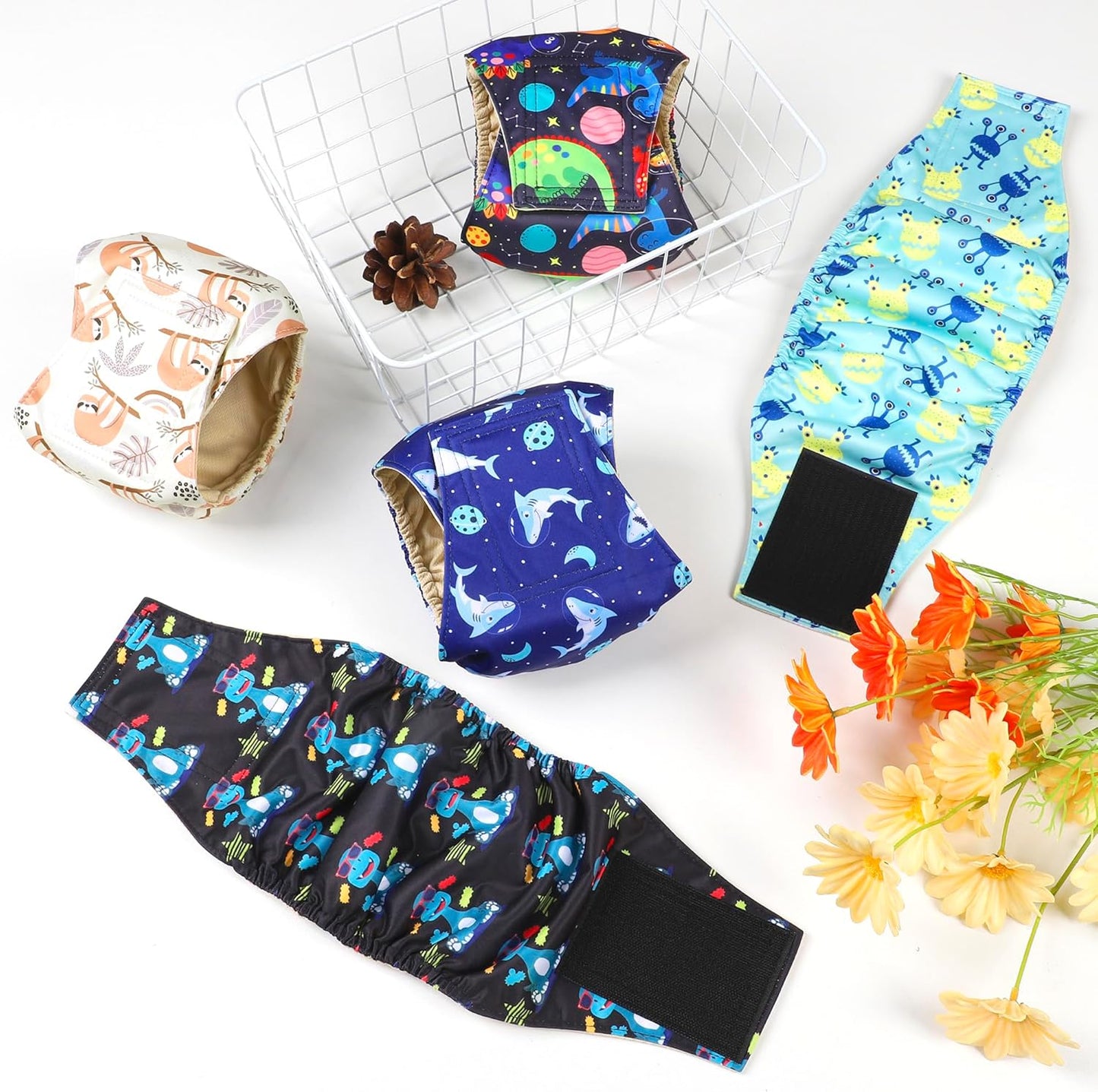 5 Pack Dog Diapers Male Reusable, Premium Belly Bands for Male Dogs, High Absorbing Male Dog Pee Wraps for Doggie in Incontinence or Excitable Urination and Training, Dino S