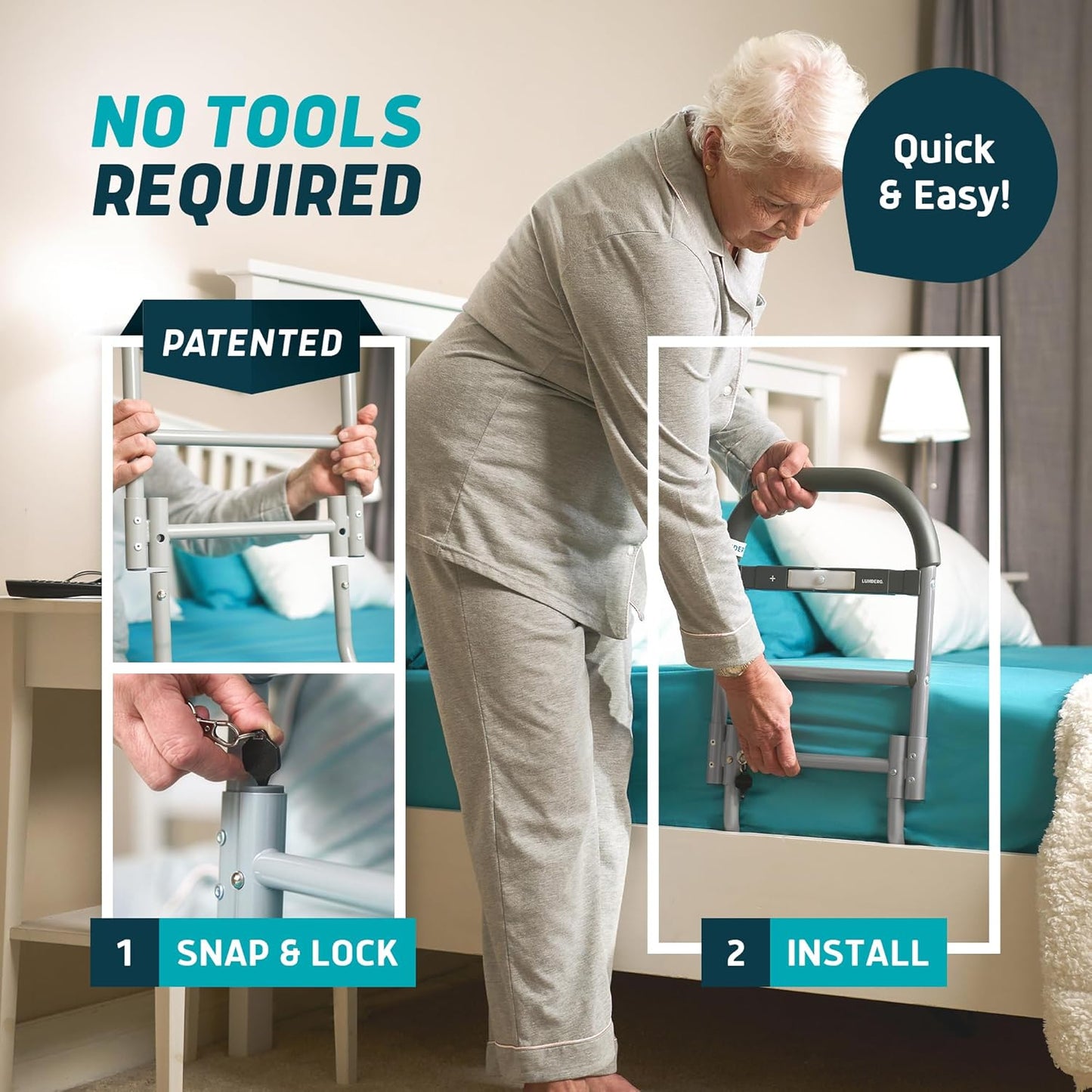 Lunderg Bed Assist Rail for Seniors with Motion-Activated Light & Non-Slip Grab Bar - Easy to Install Bed Rails for Elderly Adults Safety & Post-Surgery - Helps Reduce Falls & Support Independence