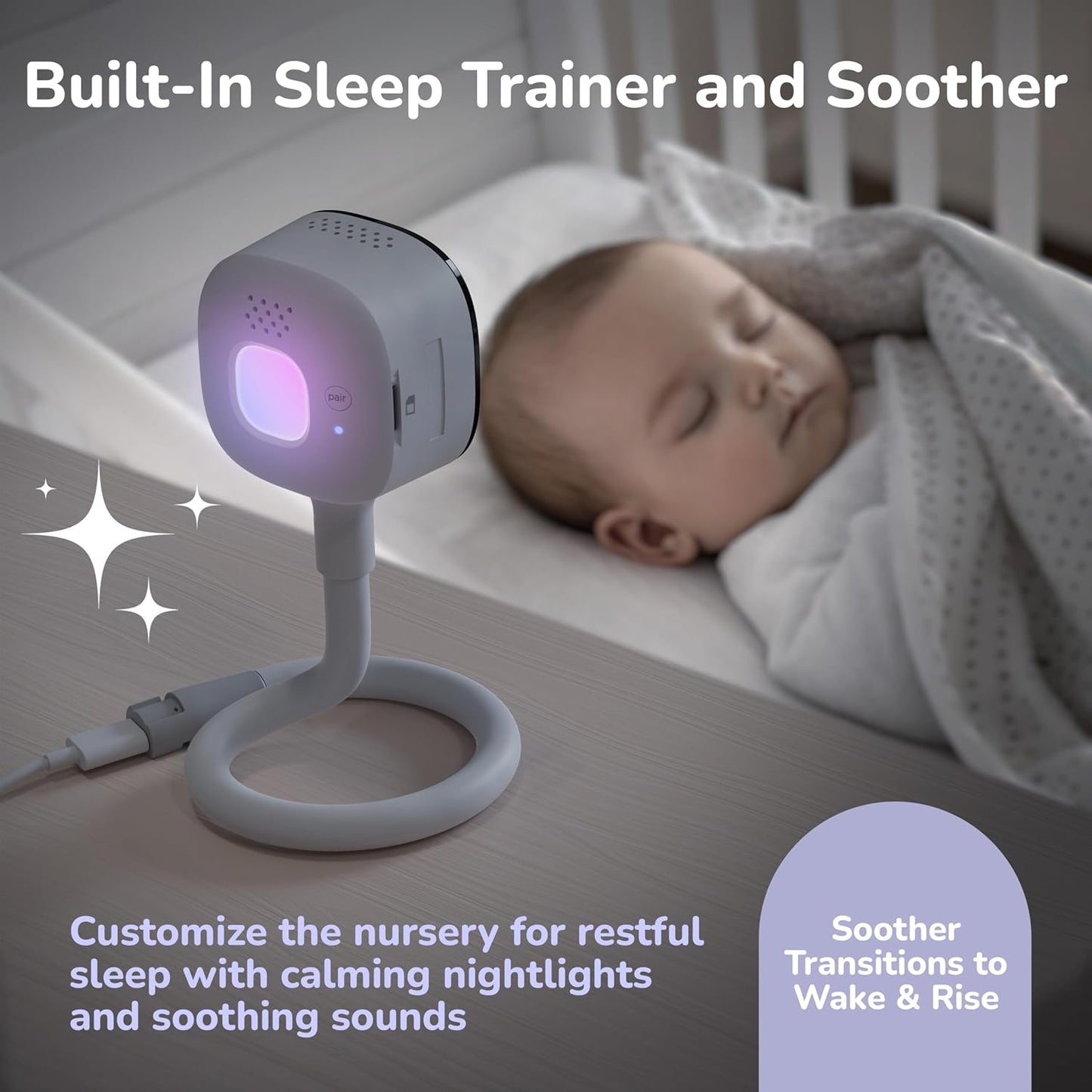 HUBBLE CONNECTED GoBaby AI - 2K HD Baby Monitor Camera w/Advanced AI Monitoring, Covered Face & Rollover Detection, True Cry Alerts, Sleep Training & Smart Soother — w/Flexible Mount