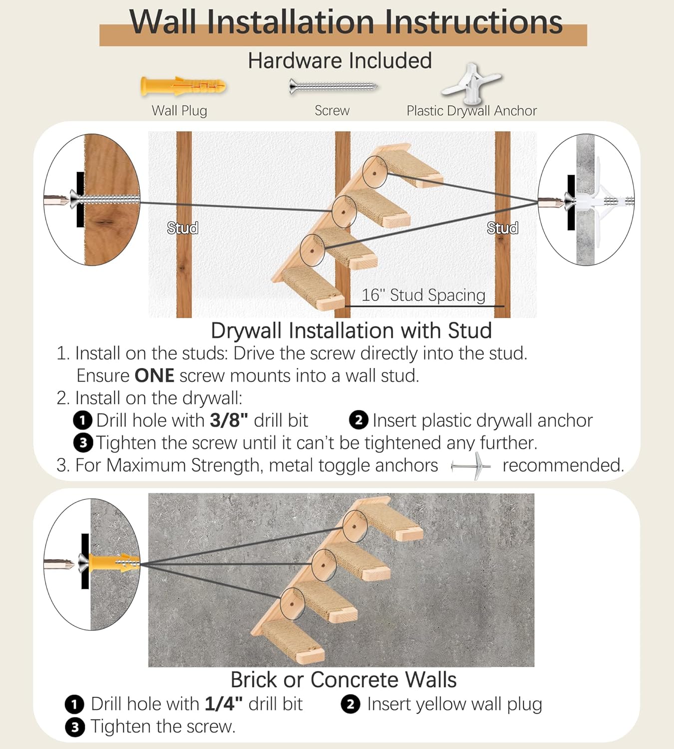 Cat Climbing Stair Shelf, Wall Mounted Ladder 2PCS 4 Steps Reversible Left & Right Direction, for Cats up to 15 Pounds, Cat Stairway with Jute Scratching Ladder Shelves for Kitten Perch Sleeping