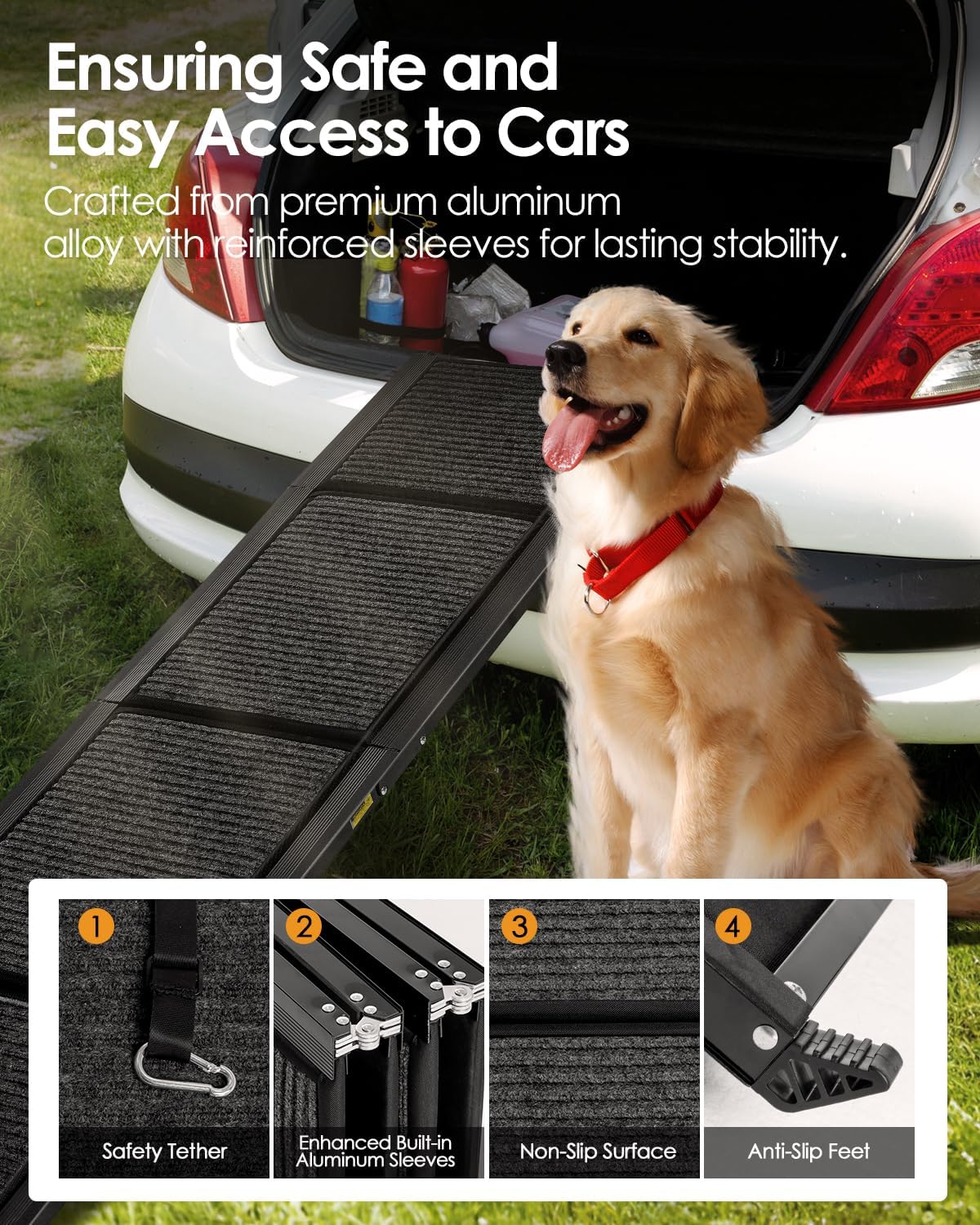 Folding Dog Ramp for Car SUV Truck, 17.3" x 63" Portable Pet Ramp for Large Dogs, Lightweight Non-Slip Dog Car Ramp, Sturdy Dog Ramp for Cars and High Beds, Easy to Carry and Store