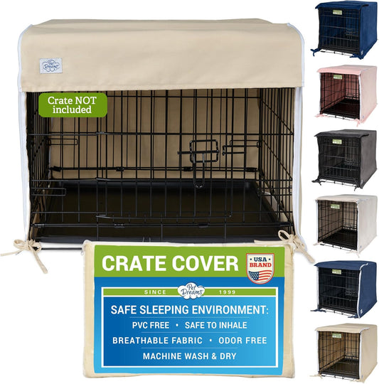 Pet Dreams Dog Crate Cover - Breathable Fabric Kennel Topper for Double-Door Crates, Fits iCrate Dog Cages 18, 24, 30, 36, 42, 48 Inches (Khaki, X Large, 42")