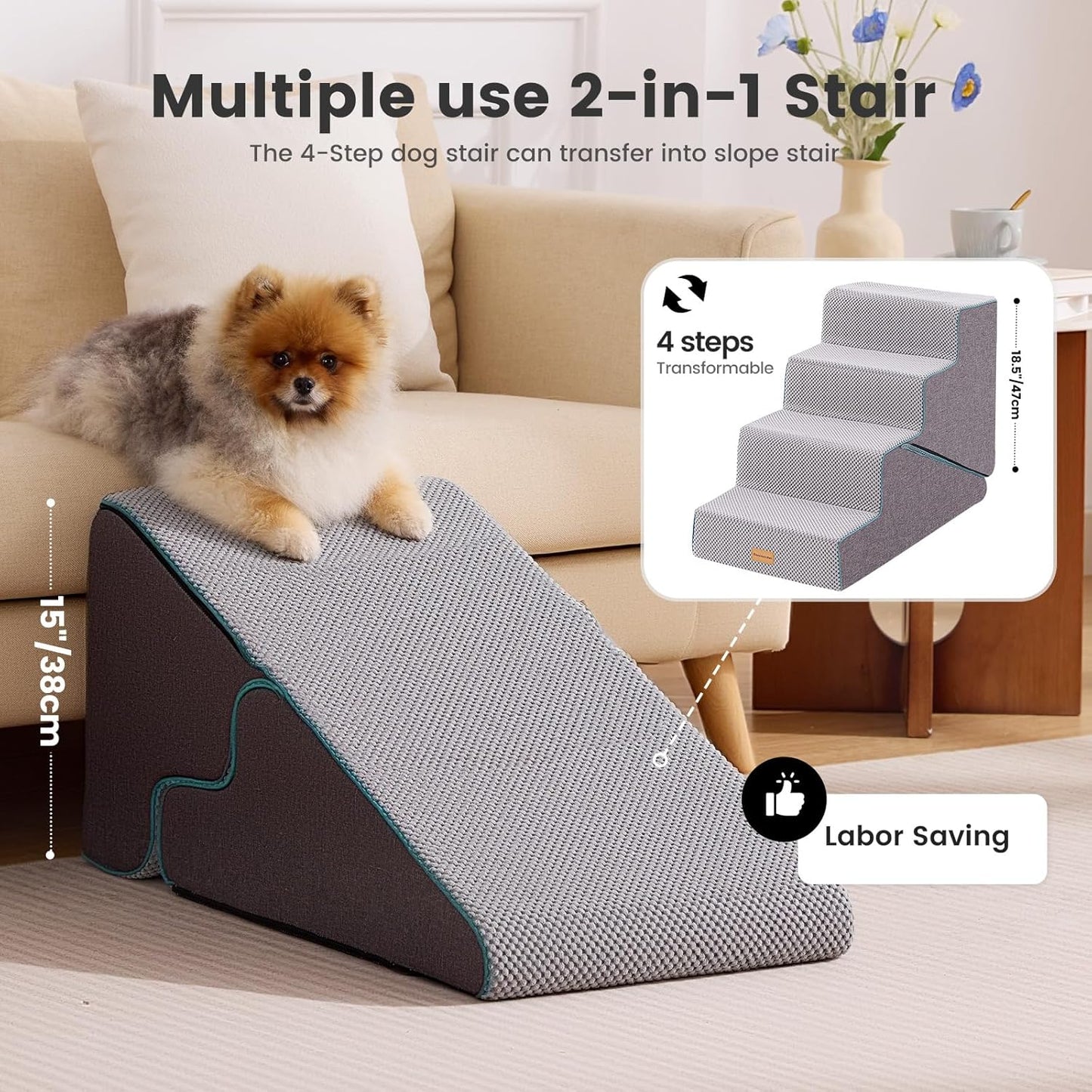 Gardner Pet Dog Stairs for Small Dogs 18.5" H, Small 2 in 1 Transformable 4-Step Pet Stairs and Dog ramp, Steps for Couch with Durable Non-Slip Waterproof Fabric Cover and Soft Foam, Grey