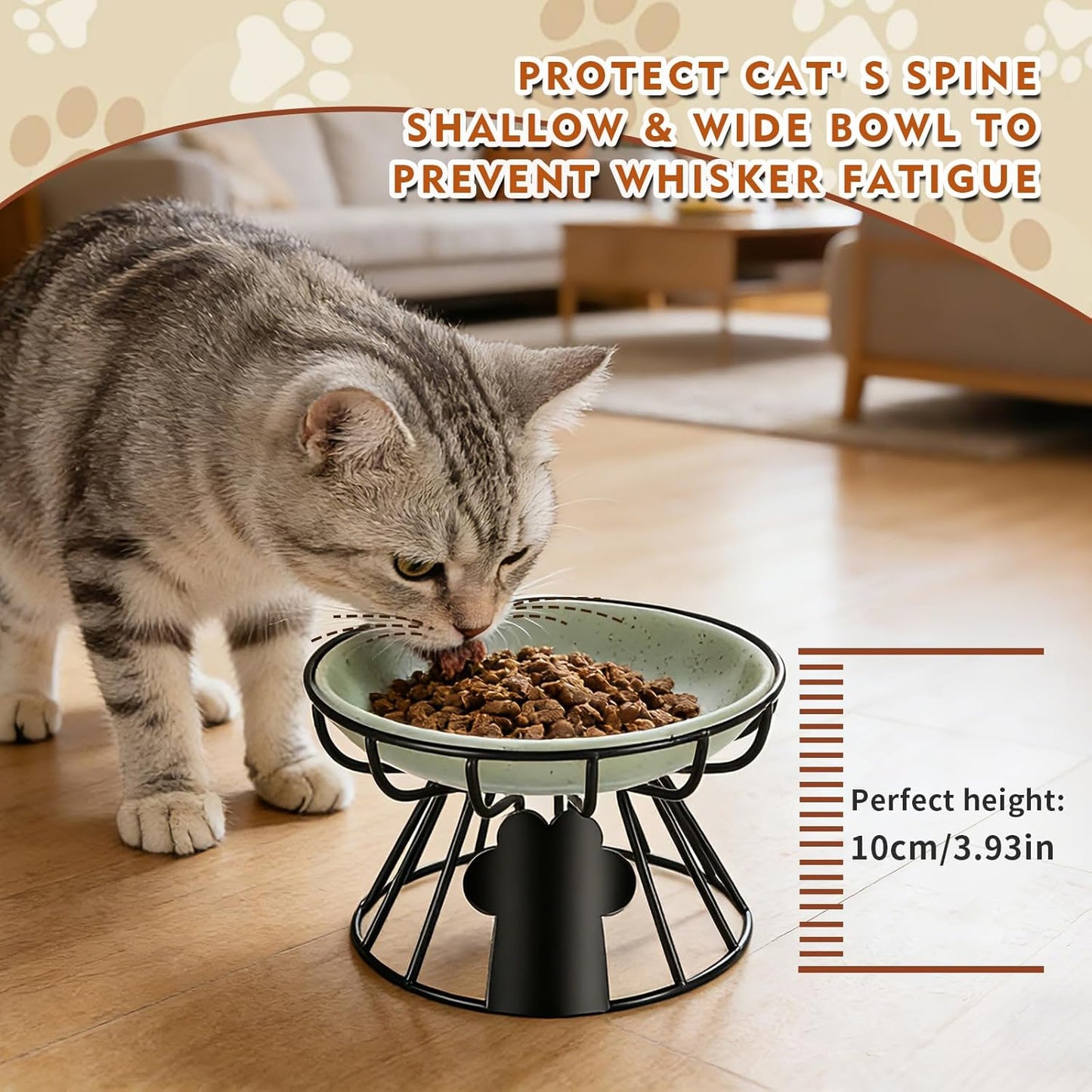 Shallow Cat Dishes with Metal Stand,Elevated Cat Bowl,Ceramic Cat Bowls,Raised Cat Food Bowls,Pet Feeder for Indoor Cats,Kitten and Small Dogs, Dishwasher Safe