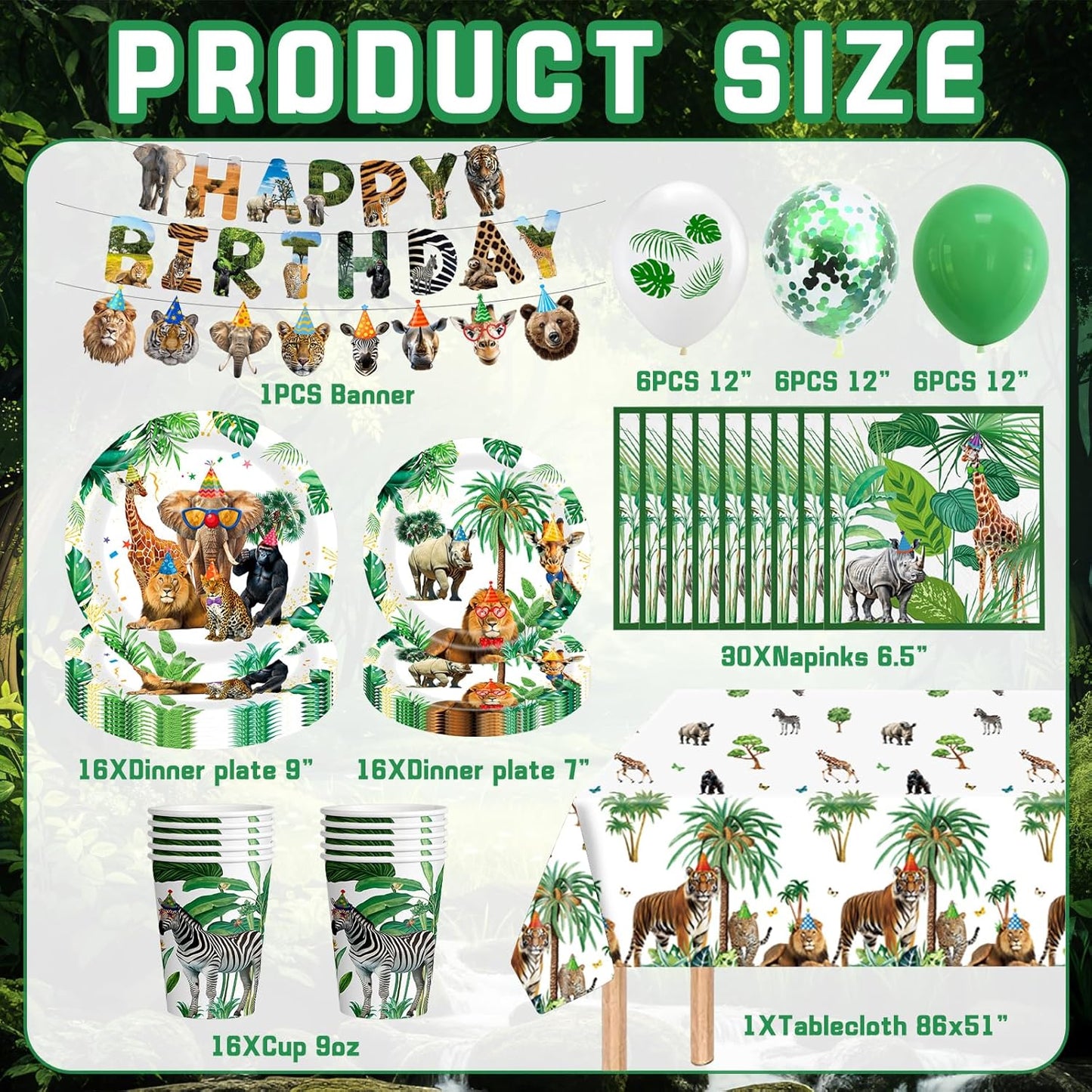 Safari Birthday Party Supplies Jungle Disposable Paper Plates Napkins Cups Tablecloth and Banner for Safari Animals Themed Party Decorations, Wild Animals Safari Zoo Birthday Party Supplies