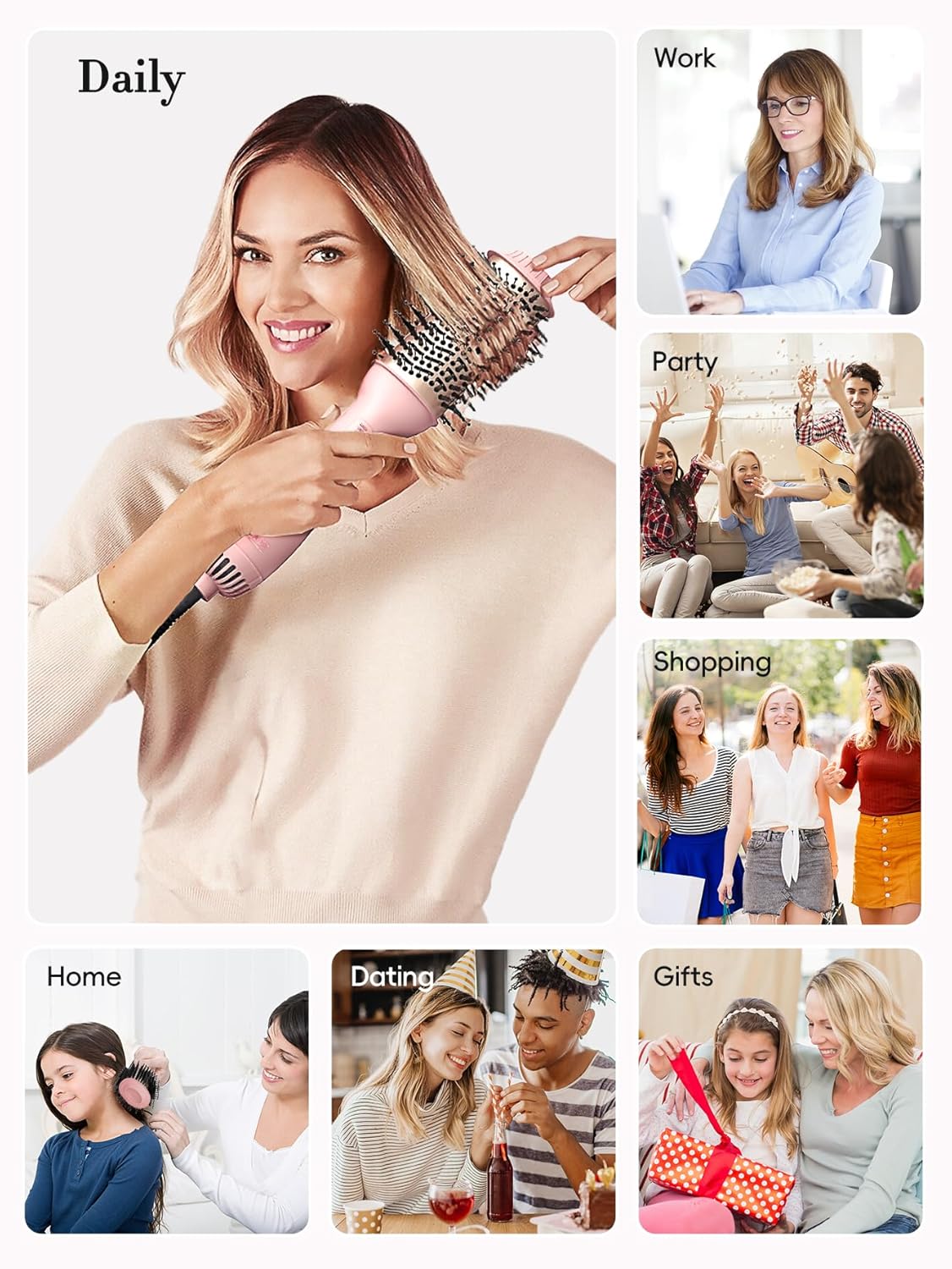 LANDOT Hair Blow Dryer Brush - One-Step Hot Air Brush for Fast Drying Smoothing Volumizing, Ionic Anti-Frizz Delivers Salon Blowout Results, 3 Heat/2 Speed Settings fit All Hair Types, Rose Gold Pink