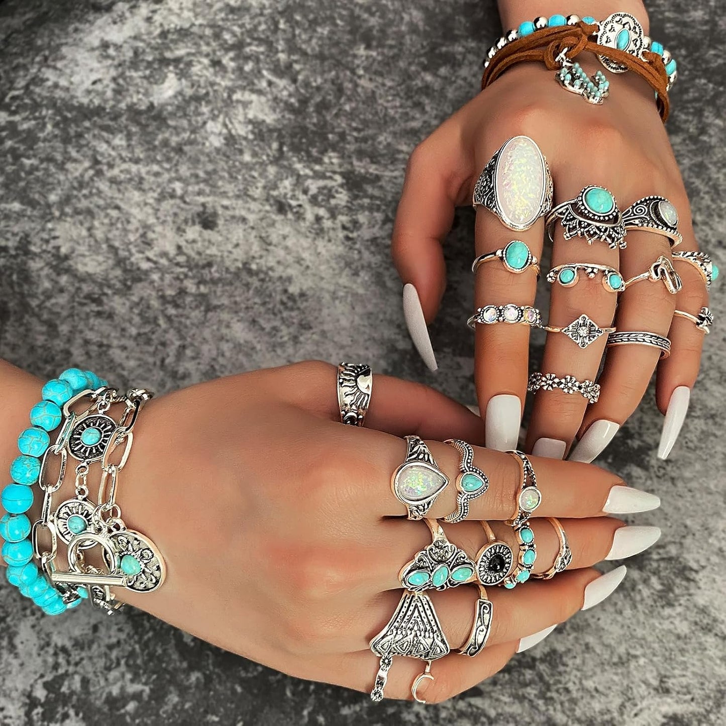 IFKM Bohemian Jewelry Set With Turquoise Necklace, Dangle Earrings, Stackable Bangle Bracelets, Knuckle Rings For Women Vintage Western Boho Turquoise Anniversary Birthday Friendship Gift