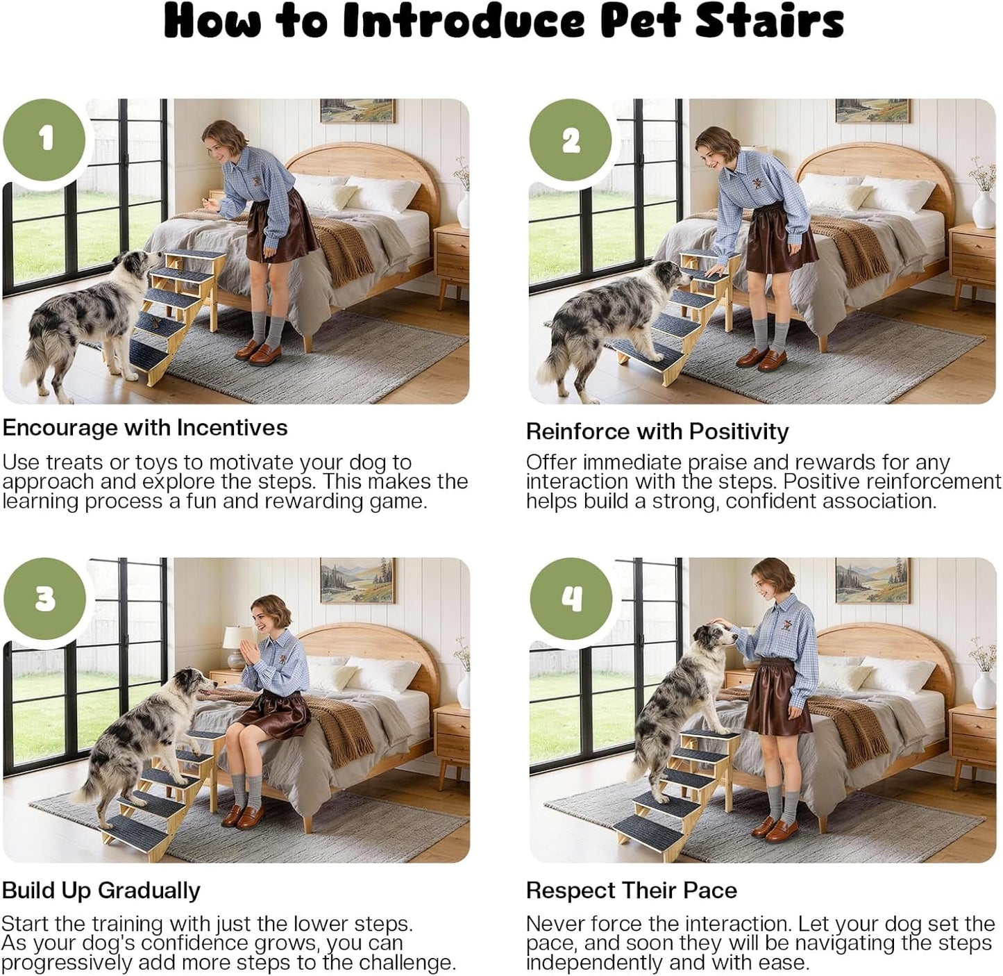 5-Step Dog Stairs for Large Dogs, Solid Wooden Dog Steps for Beds/Couch with Carpet, 24 Inches Anti-Slip Pet Stairs for High Beds, Ramp for Older/Senior Dogs, Pet Bed Stairs to Get on Bed/Sofa