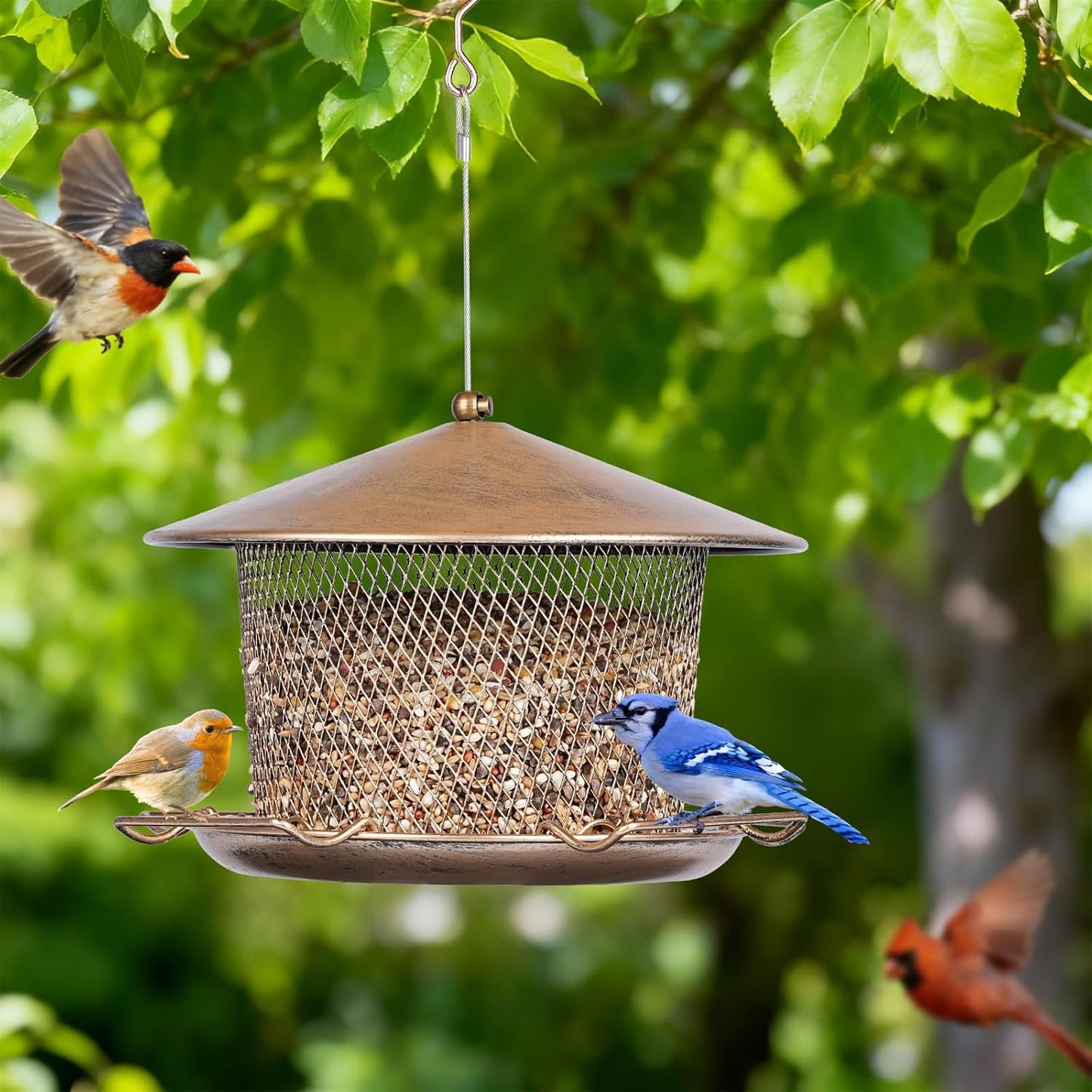 Bird Feeder for Outdoor, Weatherproof Rainproof All Metal Hanging Wild Bird Feeder with 9.8" Roof, 4.5 LBs Seeds Capacity, Easy to Clean & Refill