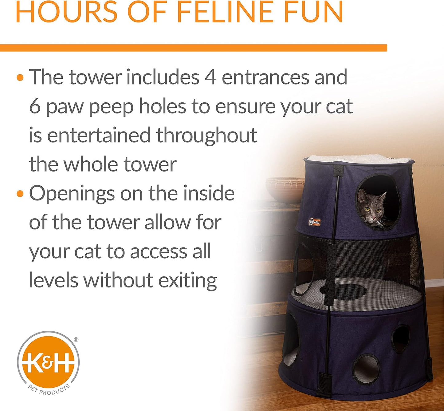 K&H Pet Products Cat Tower Tree Condo for Multiple Large Indoor Cats, Modern Cute Multi-Level Hammock Bed, Kitten & Adult House Activity Cave Large Cozy Hideaway - 3 Level Denim 22 X 30in