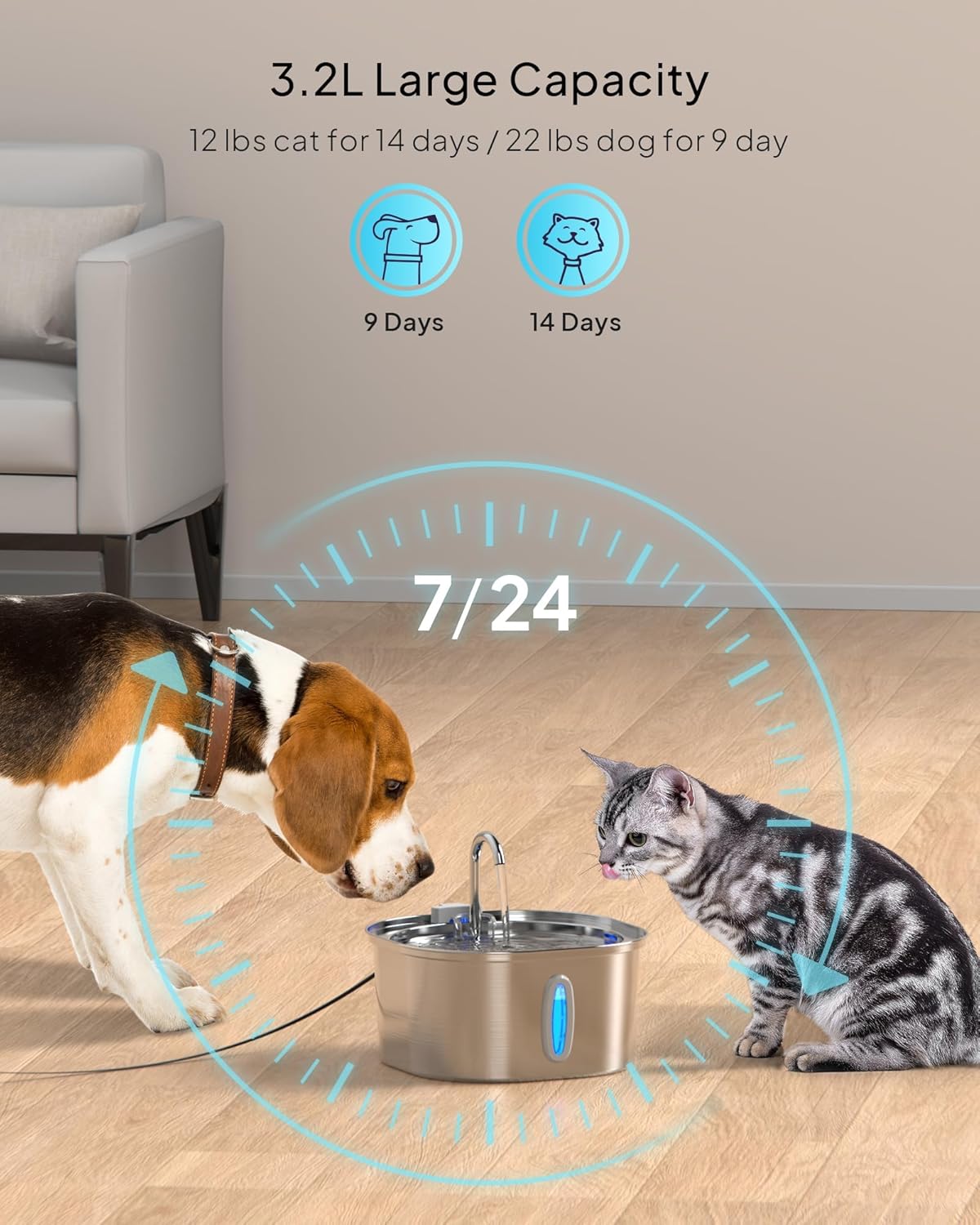 PEKTACO Stainless Steel Cat Water Fountain, 3.2L/108oz Cat Water Dispenser with Quiet Water Pump, Dishwasher Safe Pet Drinking Fountain for Cats