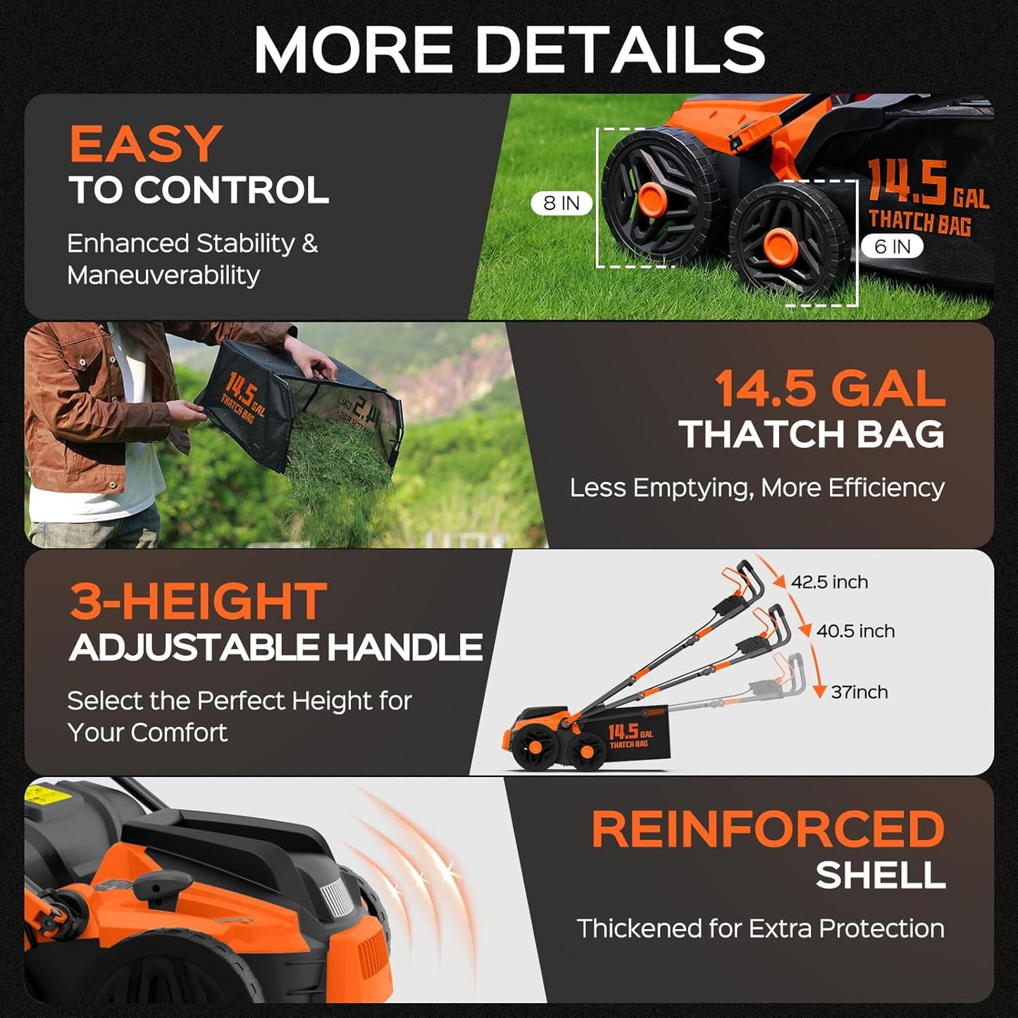 16-Inch 15.5 Amp 2-in-1 Electric Dethatcher and Scarifier with 14.5-Gallon Collection Bag, Lawn Dethatcher with 5-Position Depth Adjustment, Quick-Fold, Keeps Lawn Healthy - Blaze Orange